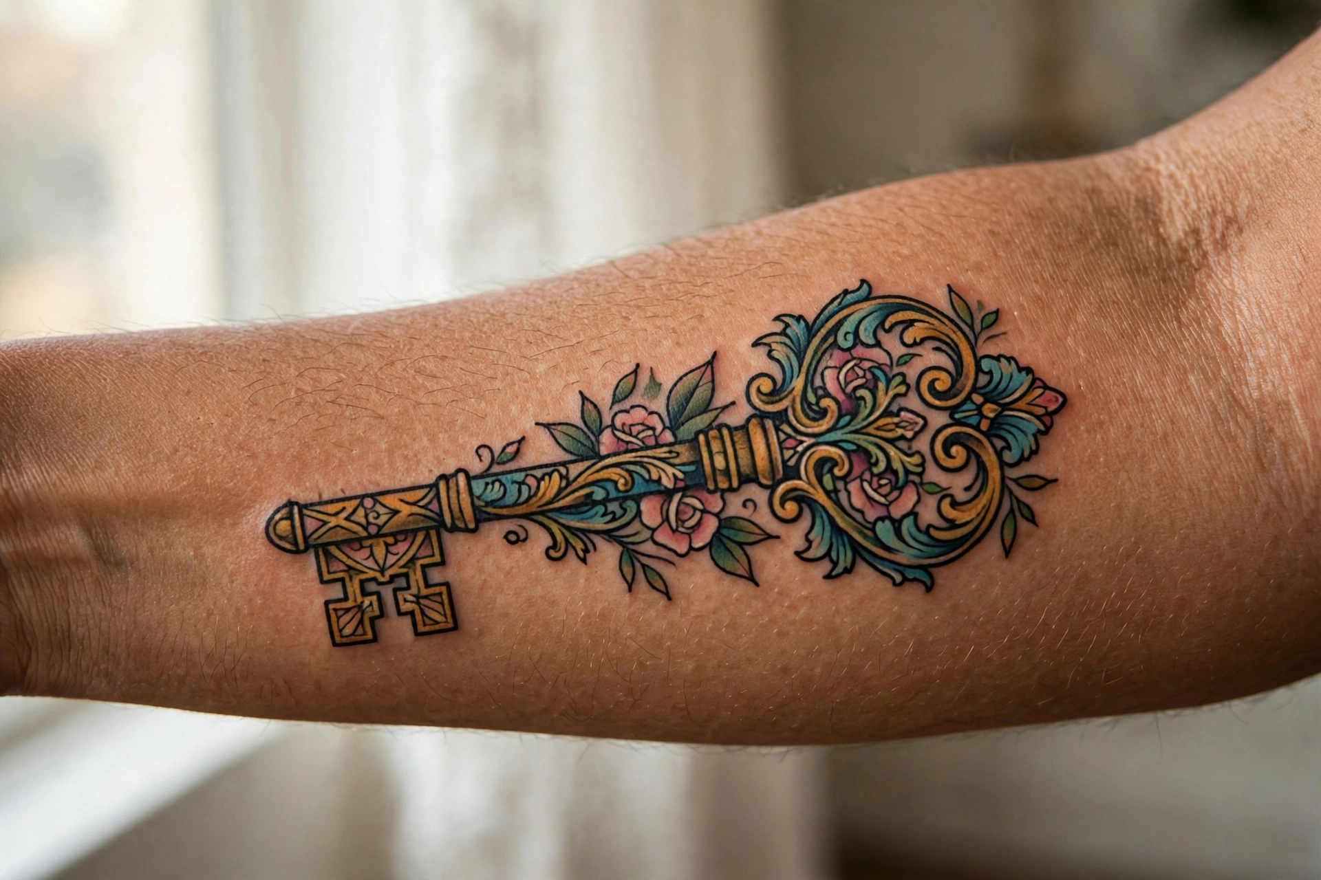 Antique ornate skeleton key gothic tattoo design
