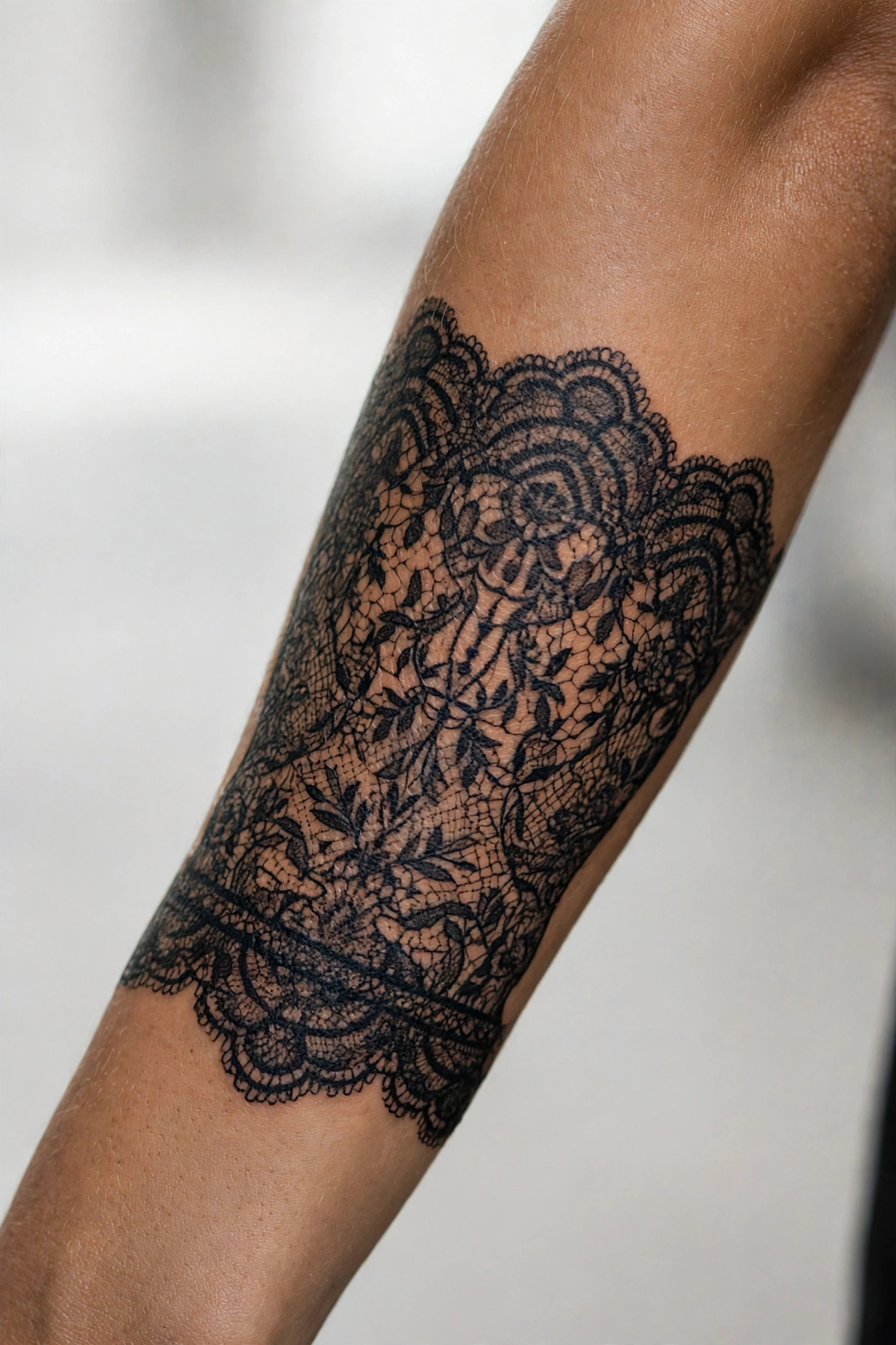 Black lace glove gothic tattoo on back of hand