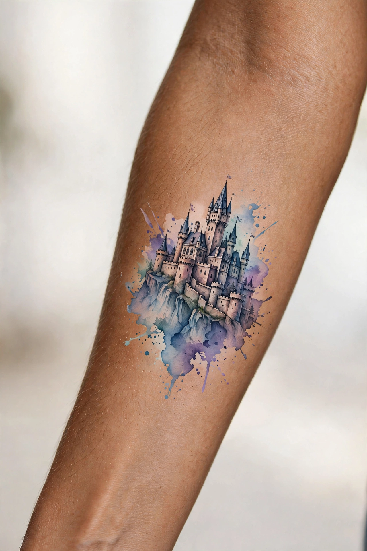 Gothic castle on a cliff tattoo with storm clouds