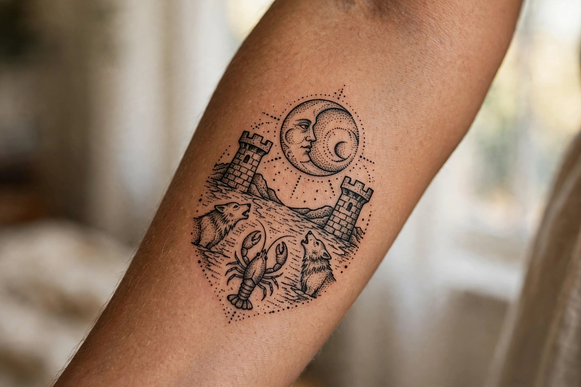 The Moon tarot card gothic tattoo with twin towers
