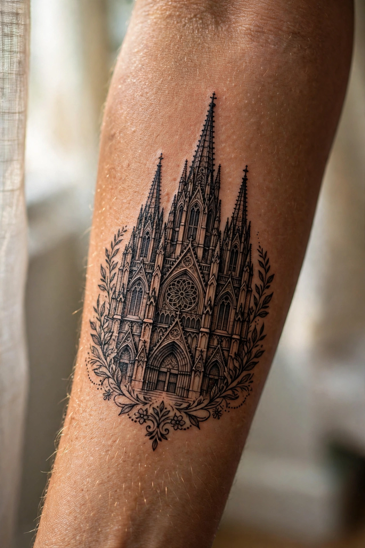 Blackwork gothic cathedral spires tattoo silhouette