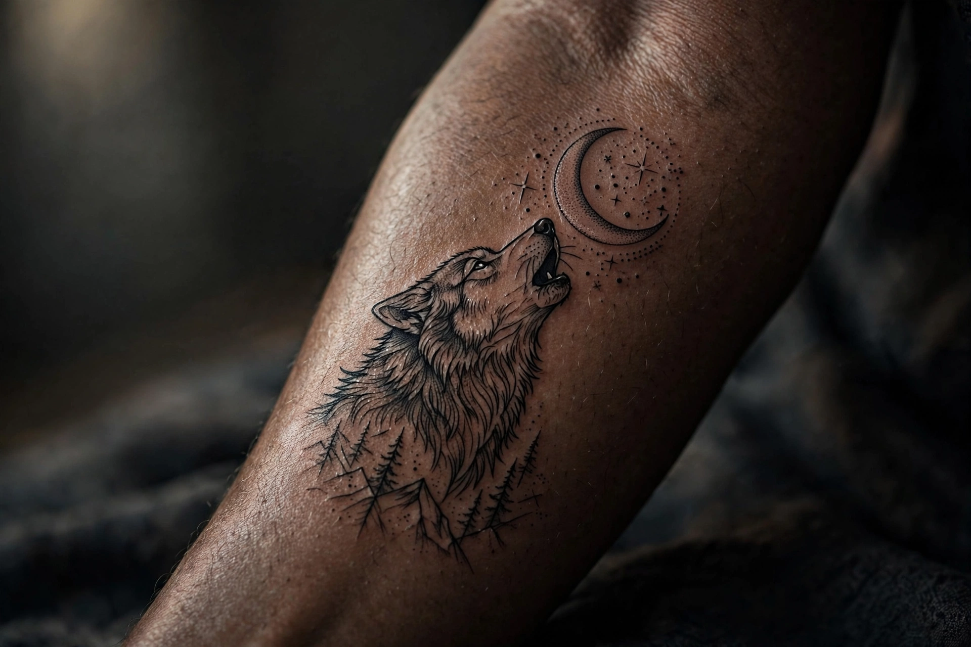Gothic wolf howling at full moon tattoo