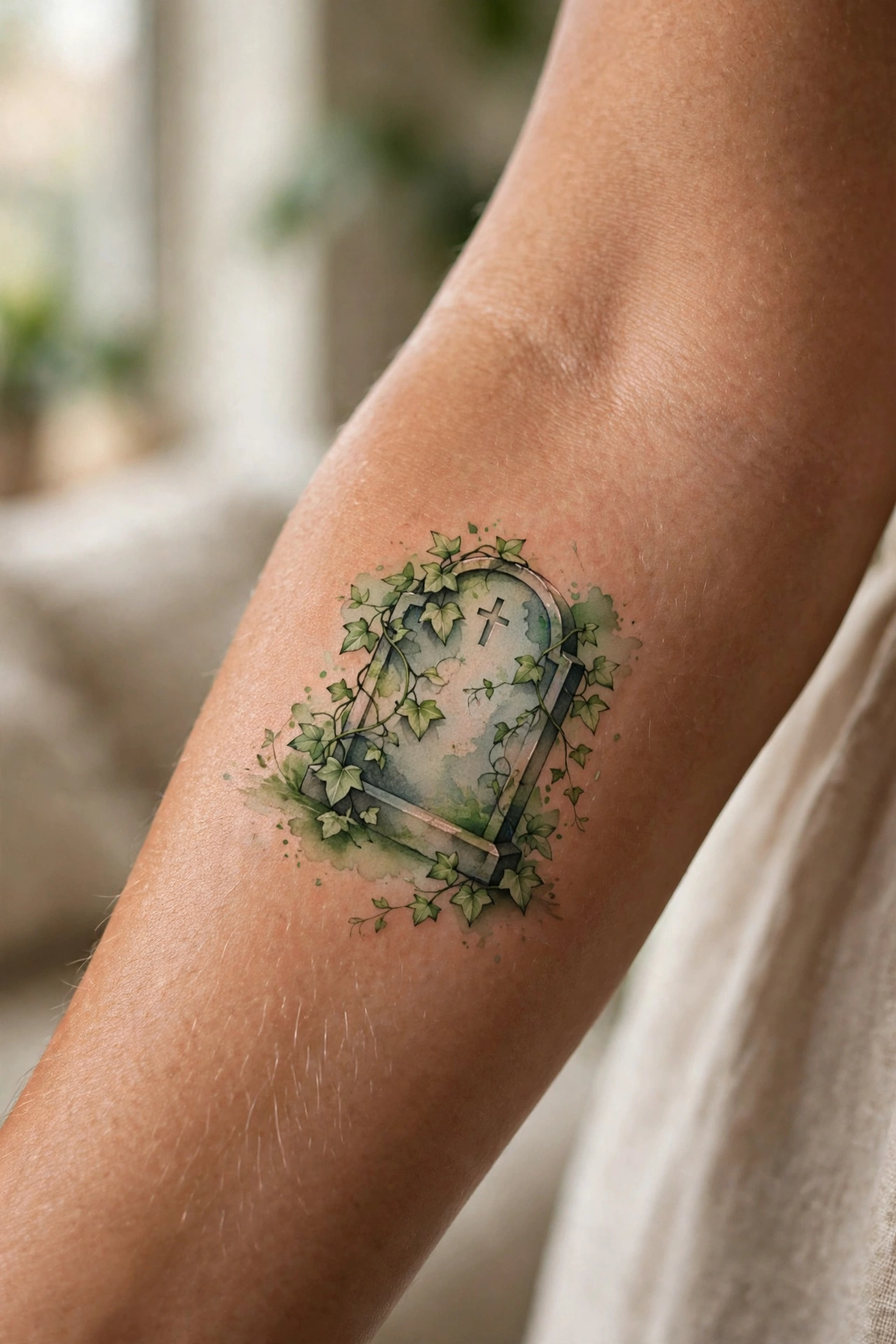Ivy-covered tombstone gothic memorial tattoo
