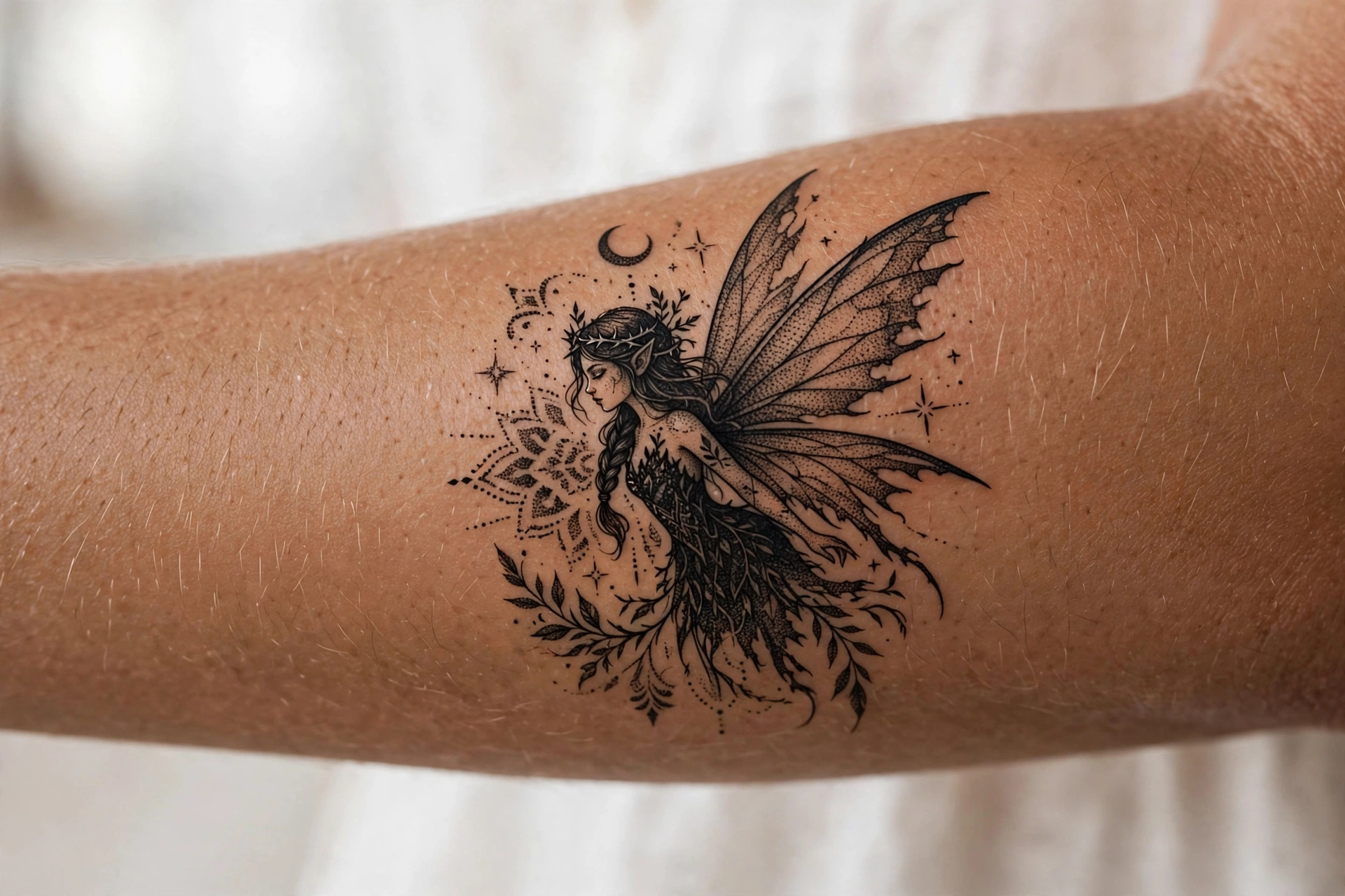 Dark fairy with tattered wings gothic tattoo