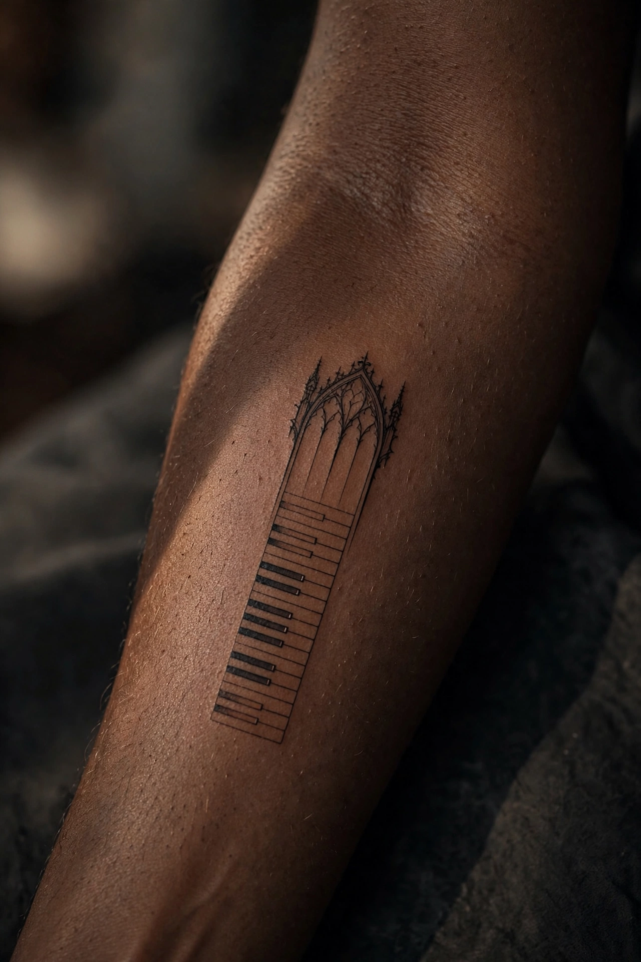 Gothic piano keys tattoo with dark romantic flourishes