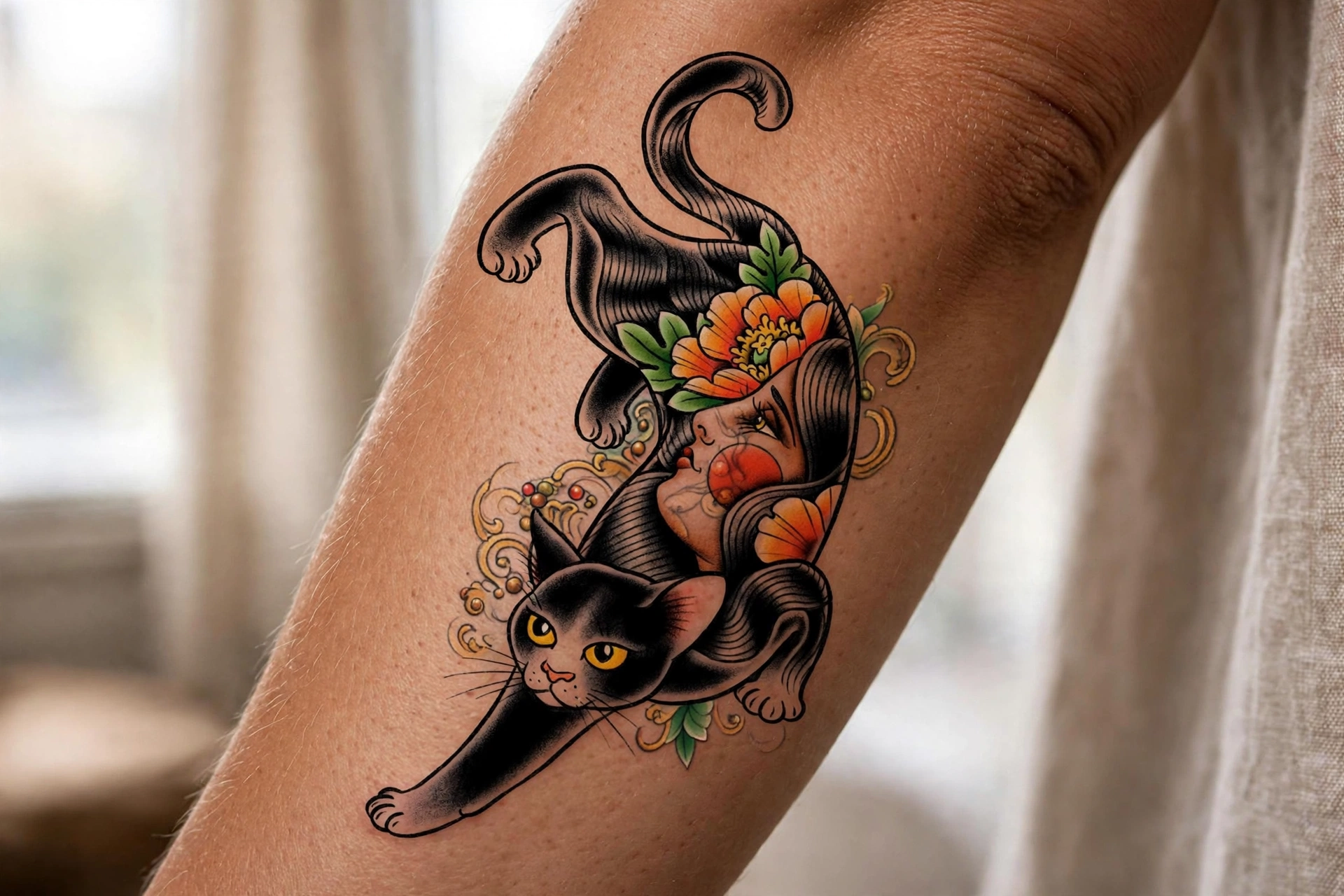 Black cat with arched back gothic tattoo silhouette