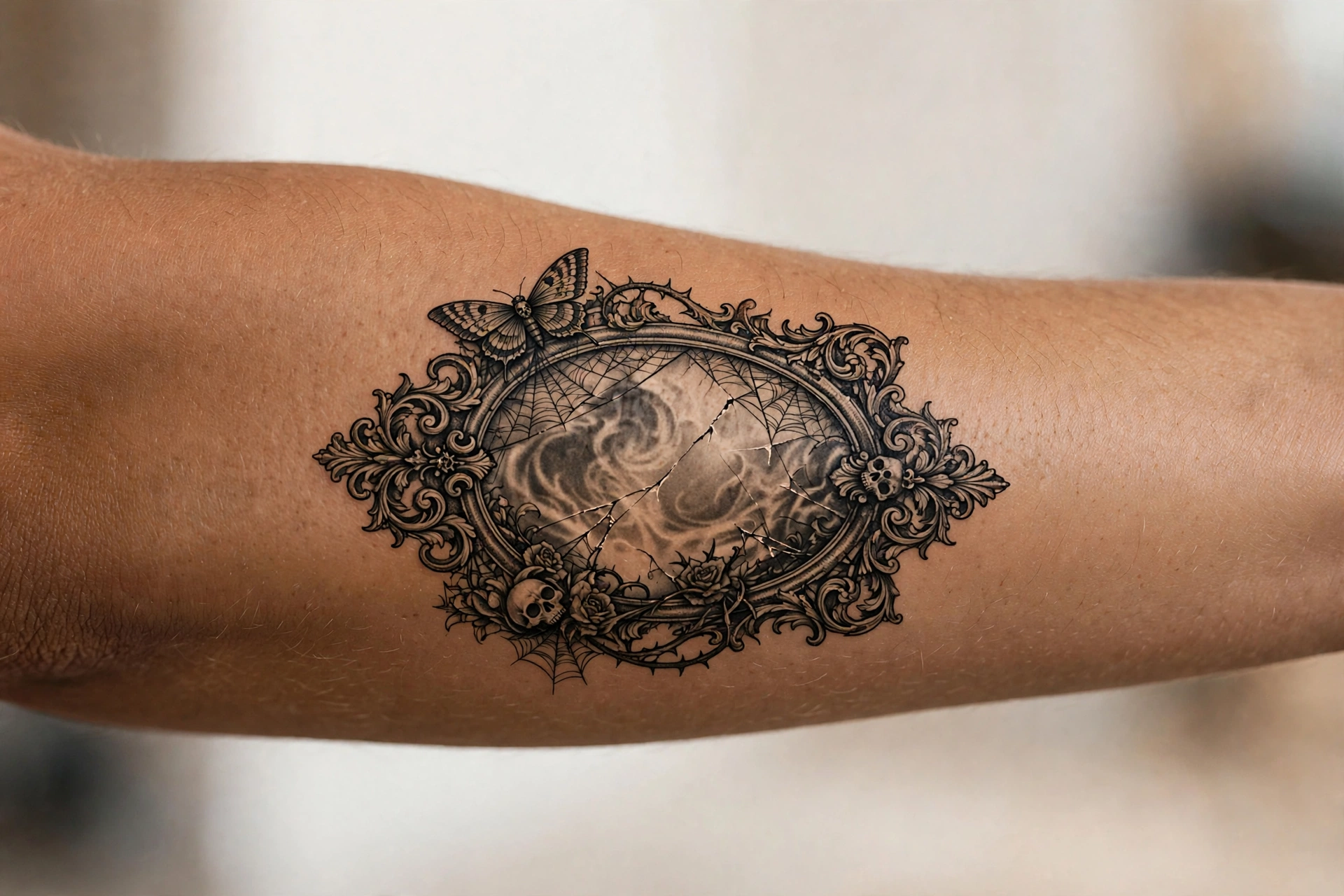Ornate haunted mirror gothic tattoo with baroque frame