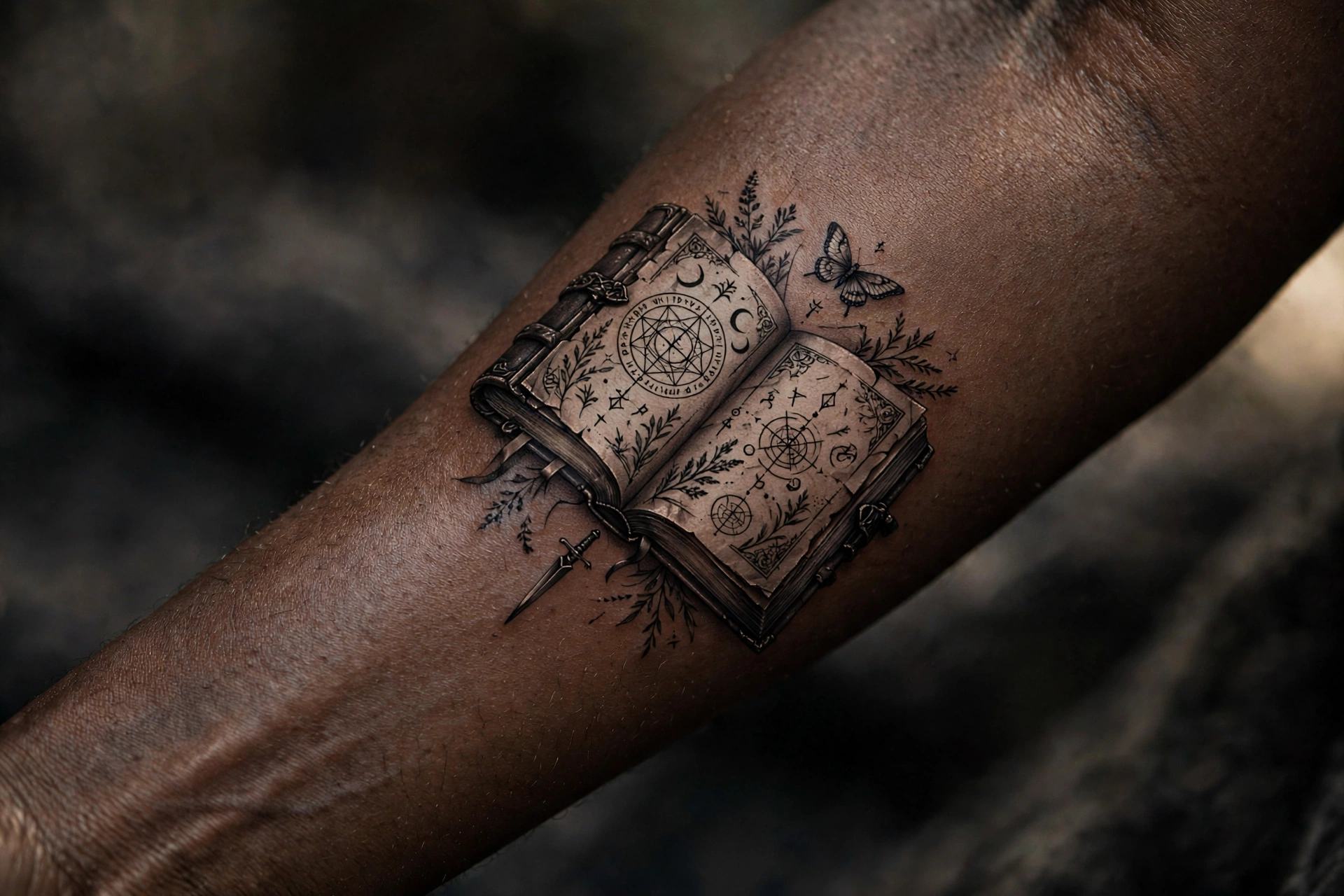 Ancient leather grimoire spell book gothic tattoo