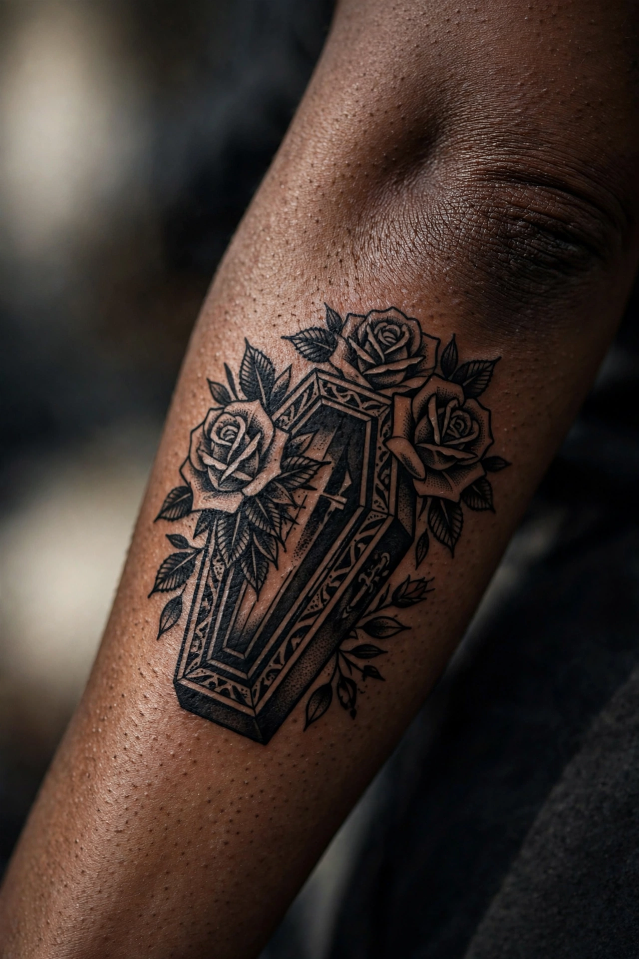 Ornate coffin adorned with roses gothic tattoo