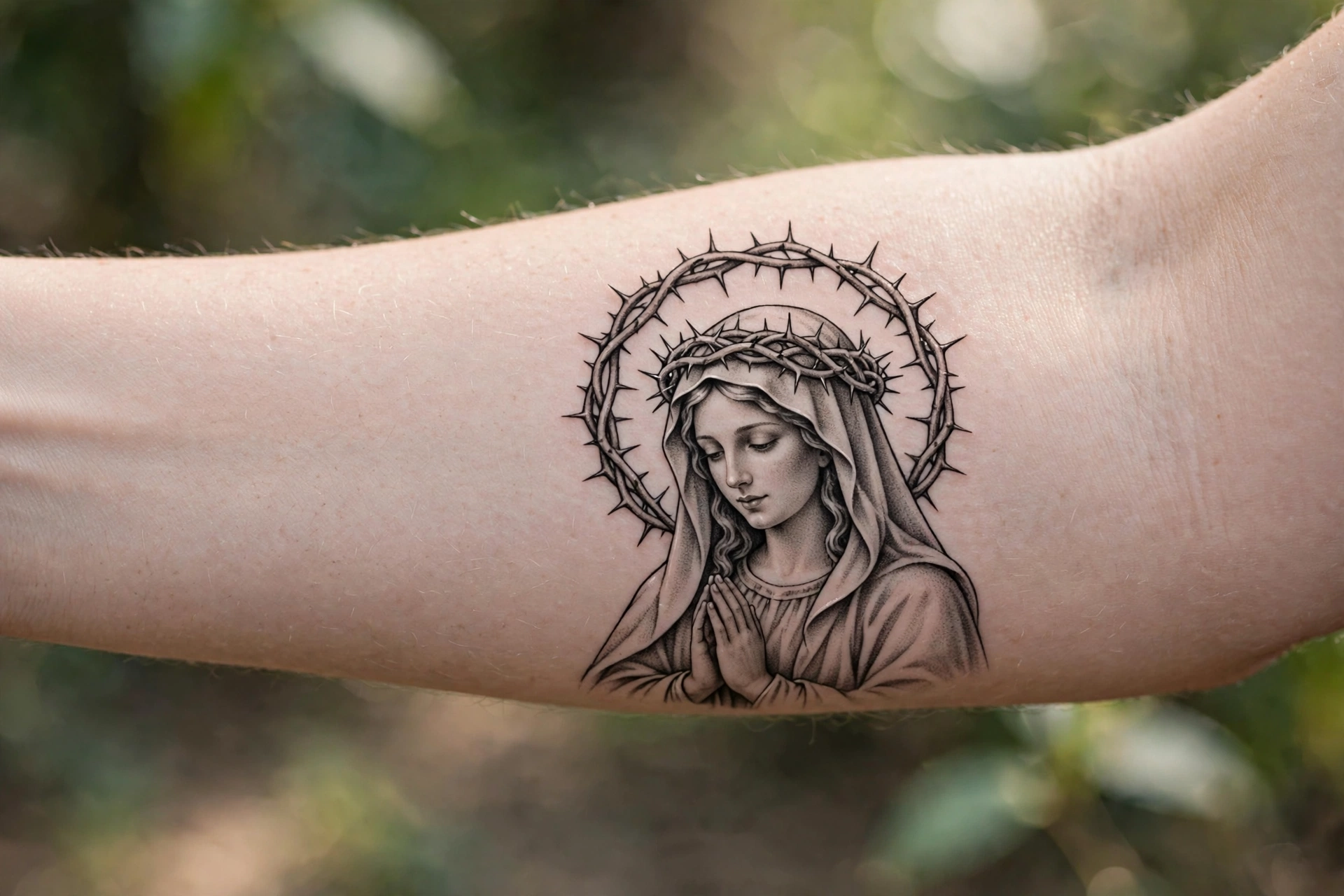 Gothic saint with halo of thorns tattoo portrait