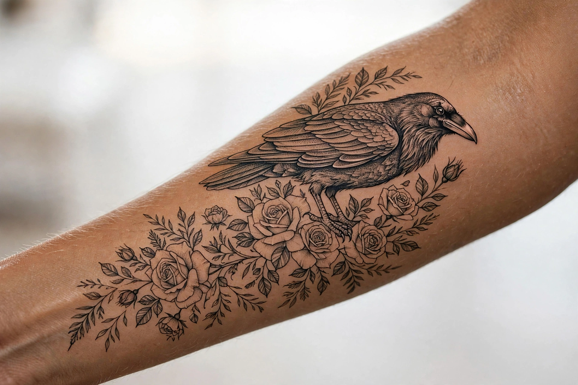 Raven perched on dark roses gothic back tattoo