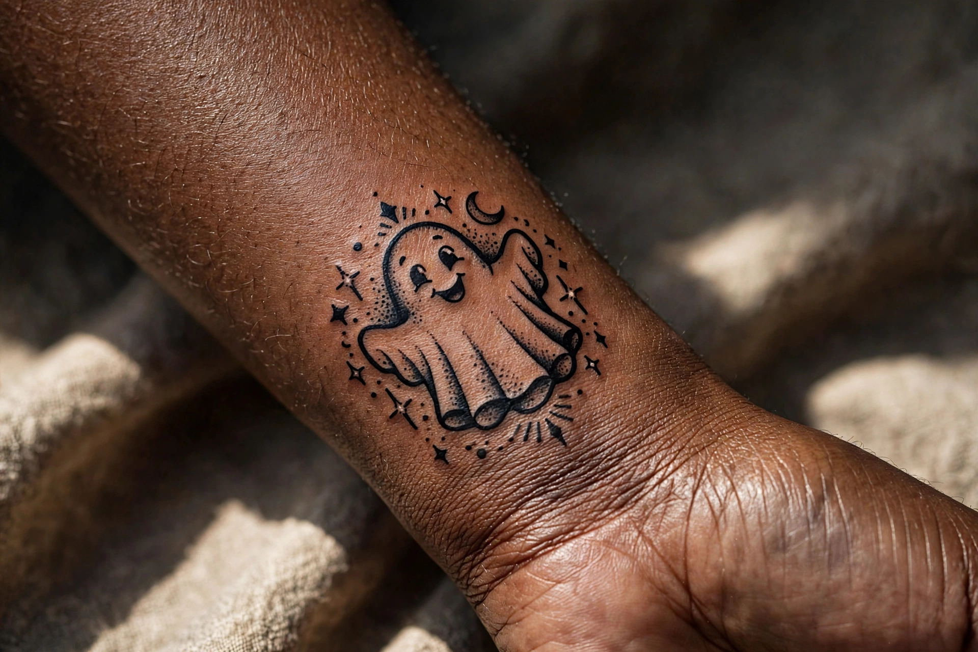 Cute friendly ghost tattoo floating with smile