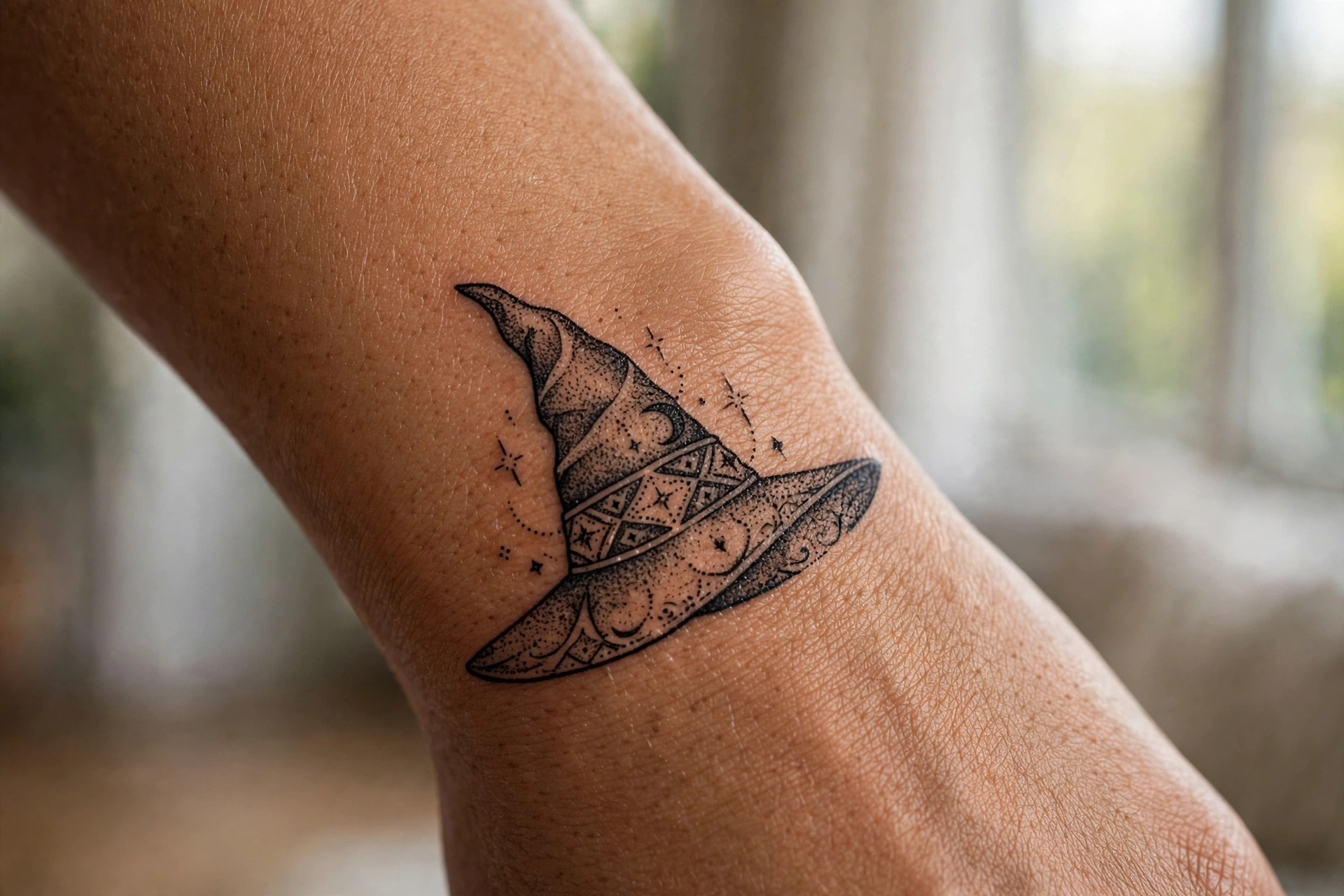 Classic pointed witch hat tattoo with stars