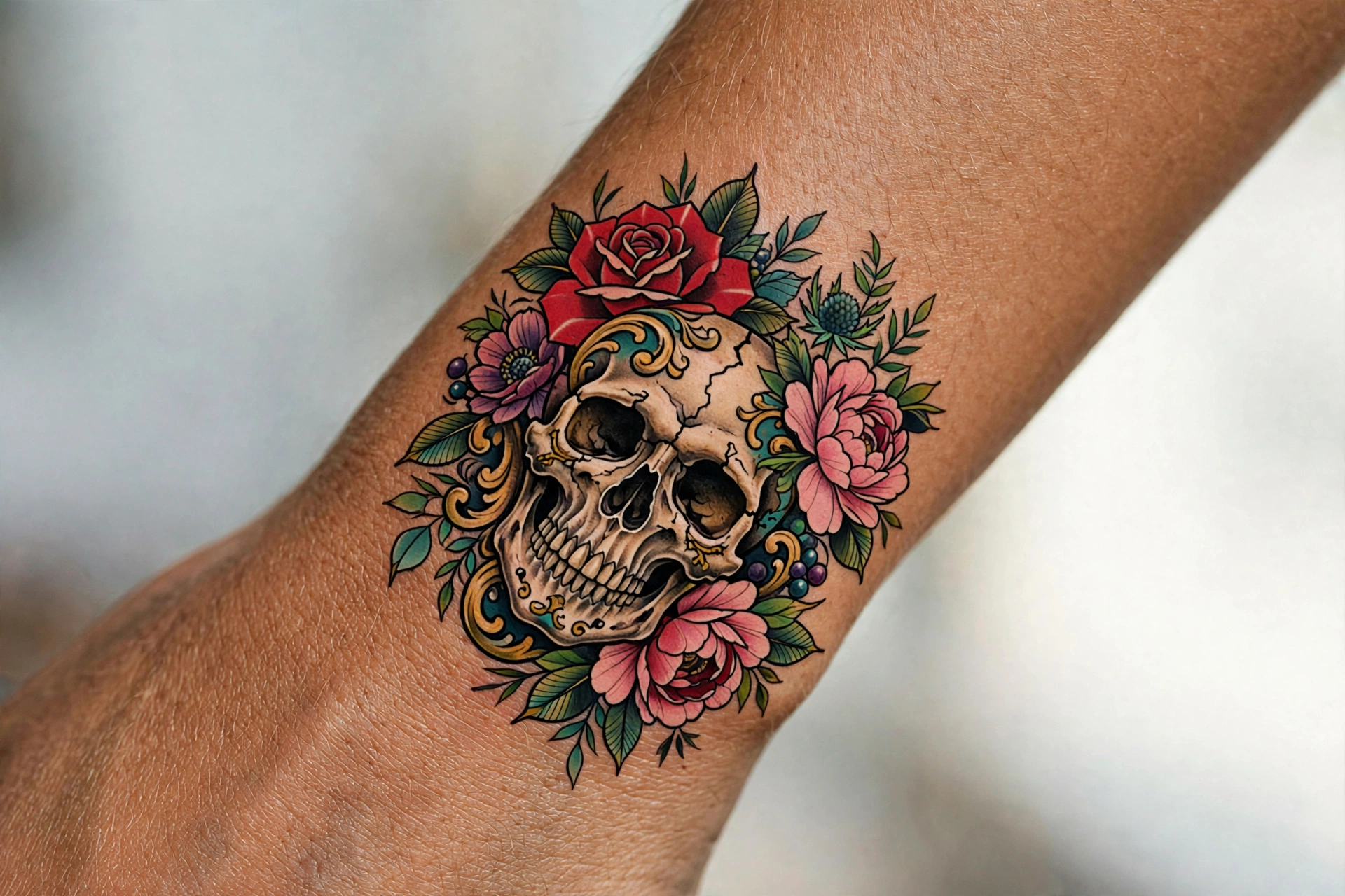 Skull adorned with dark spooky flowers tattoo