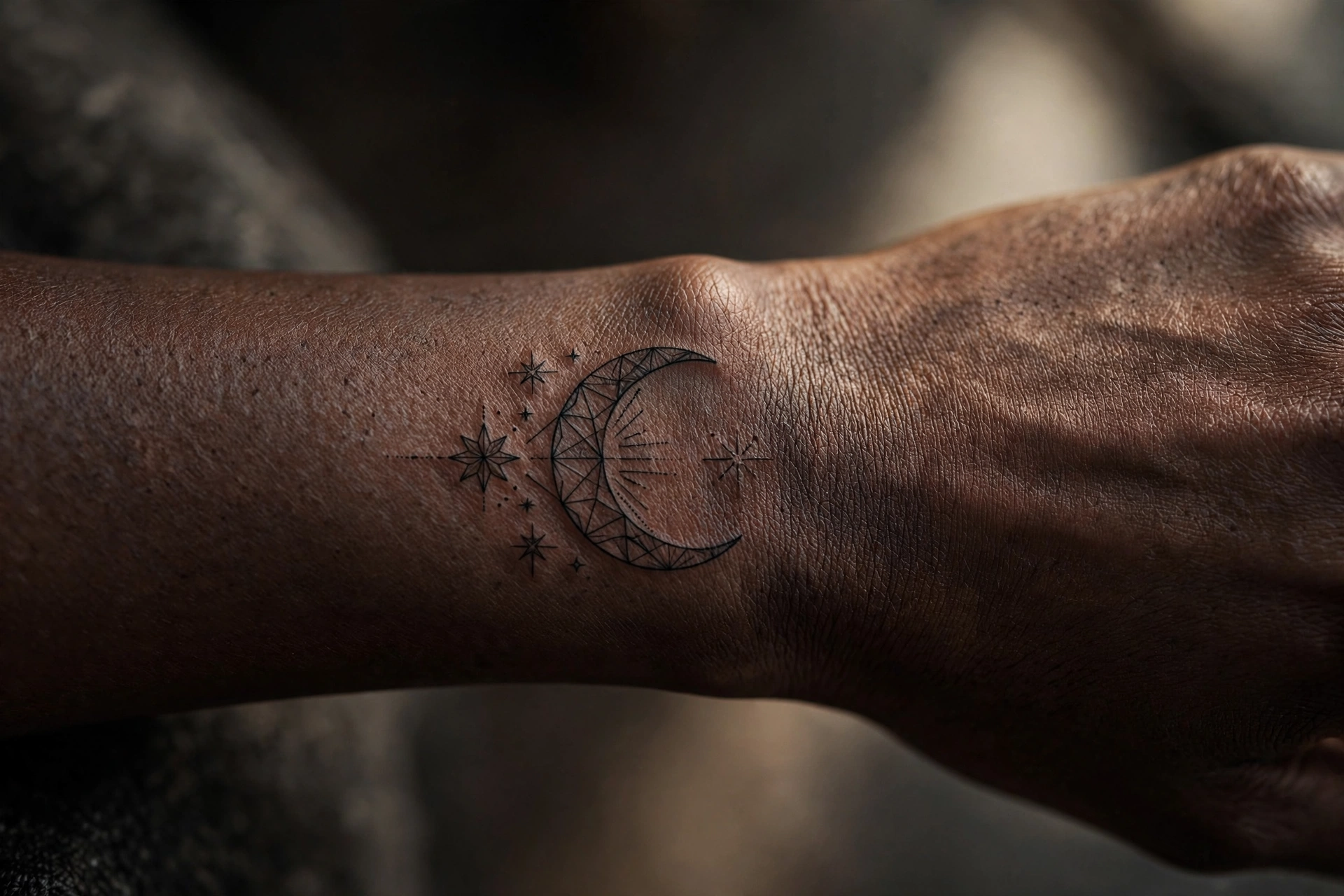 Crescent moon with stars spooky night tattoo