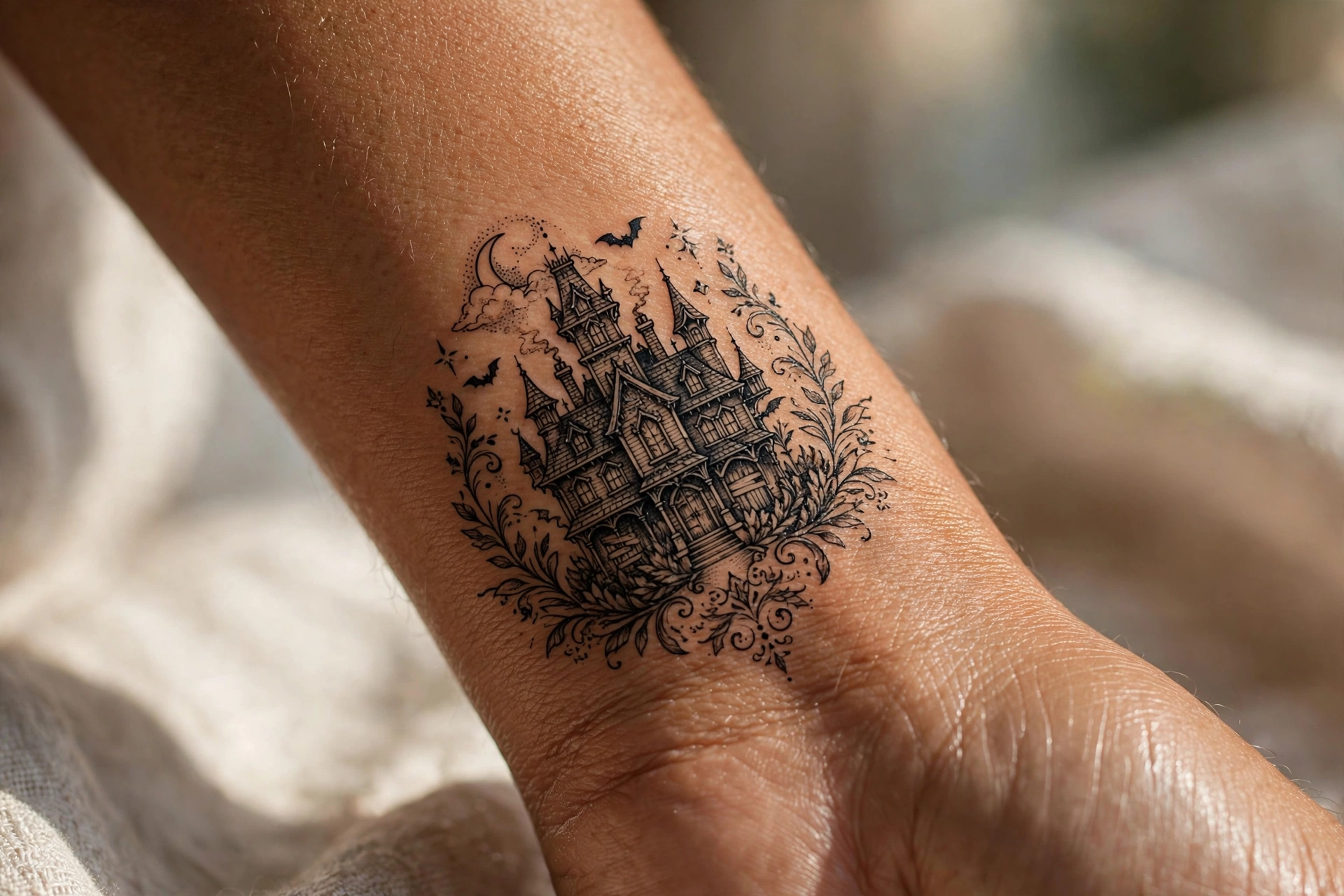 Spooky haunted house tattoo on hill with bats