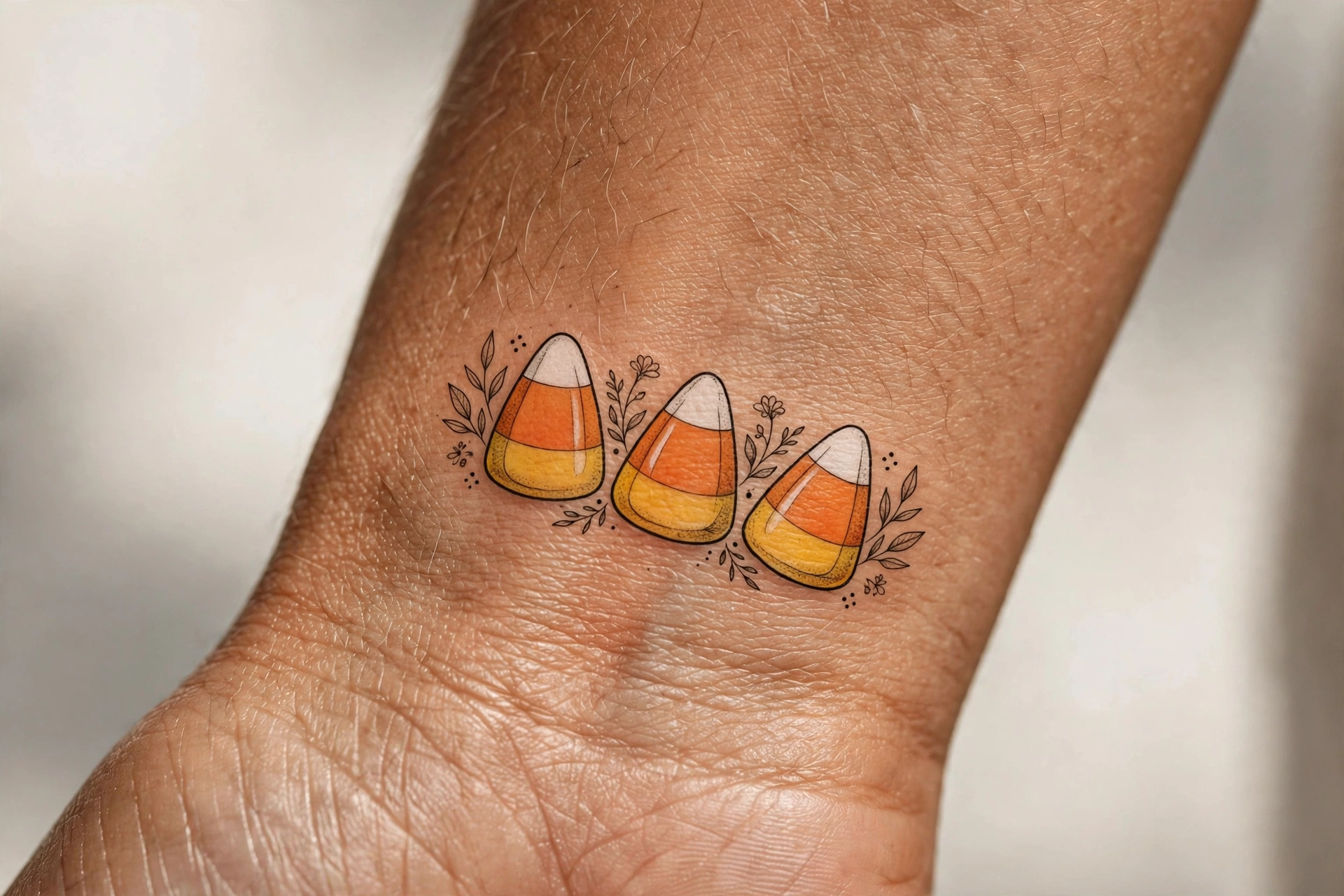 Three candy corn pieces tattoo colorful