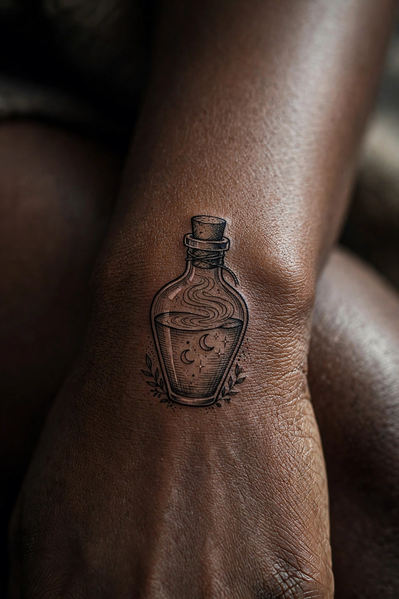 Witchy potion bottle tattoo with bubbling brew