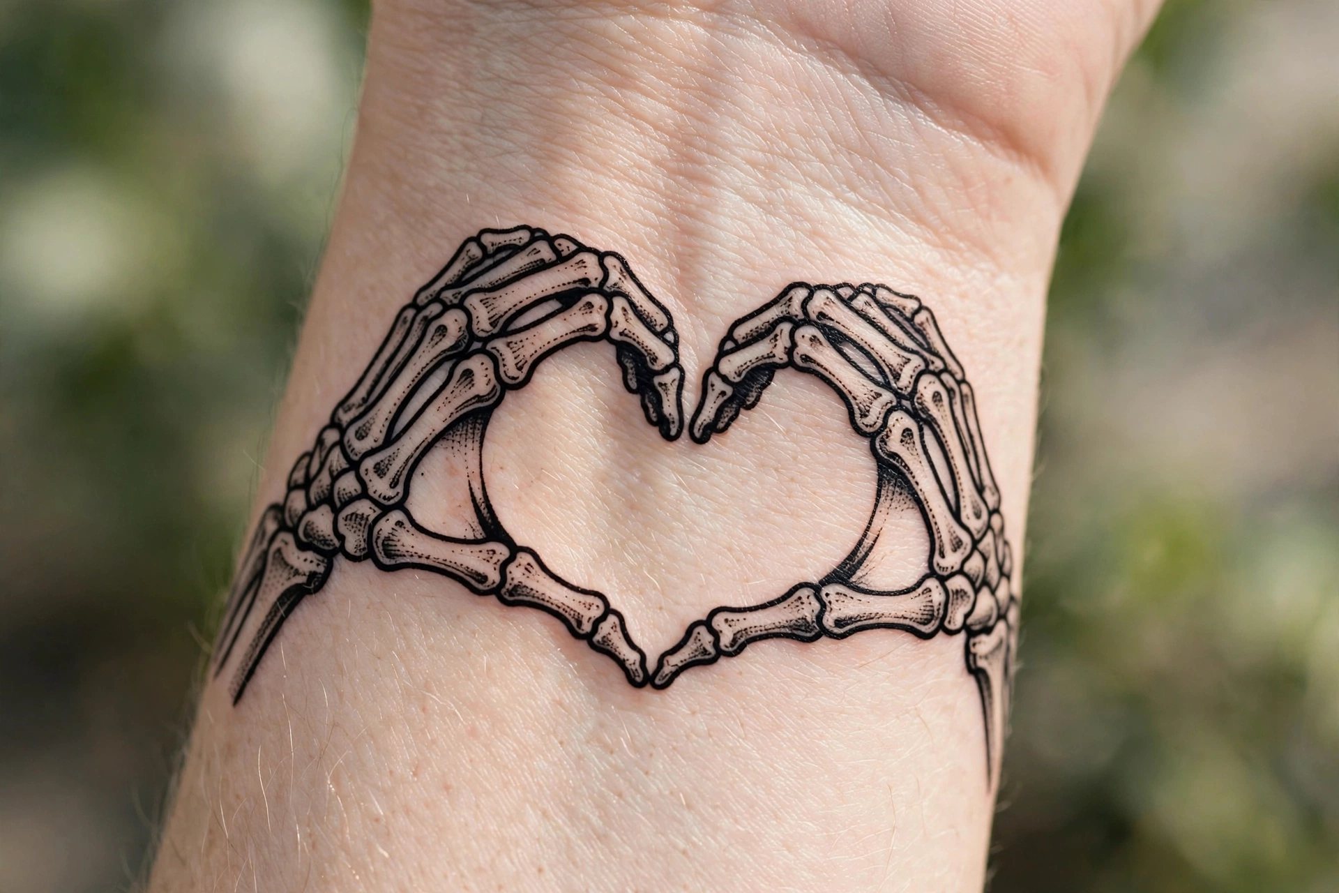 Skeleton hands forming heart shape tattoo