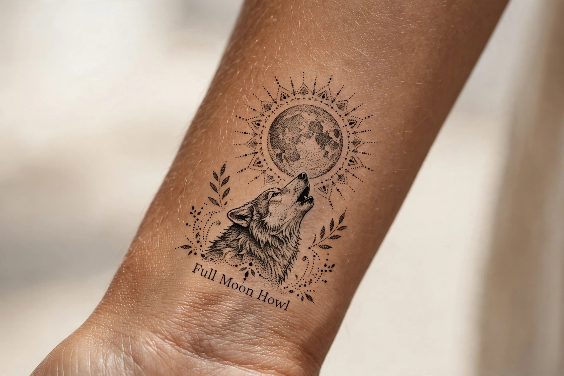 Wolf howling at full moon tattoo silhouette