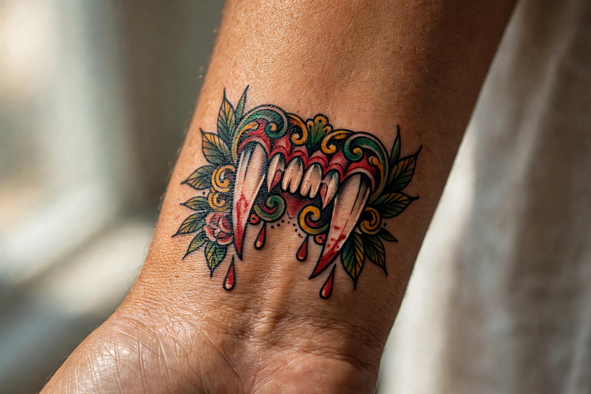 Vampire fangs tattoo with blood drip
