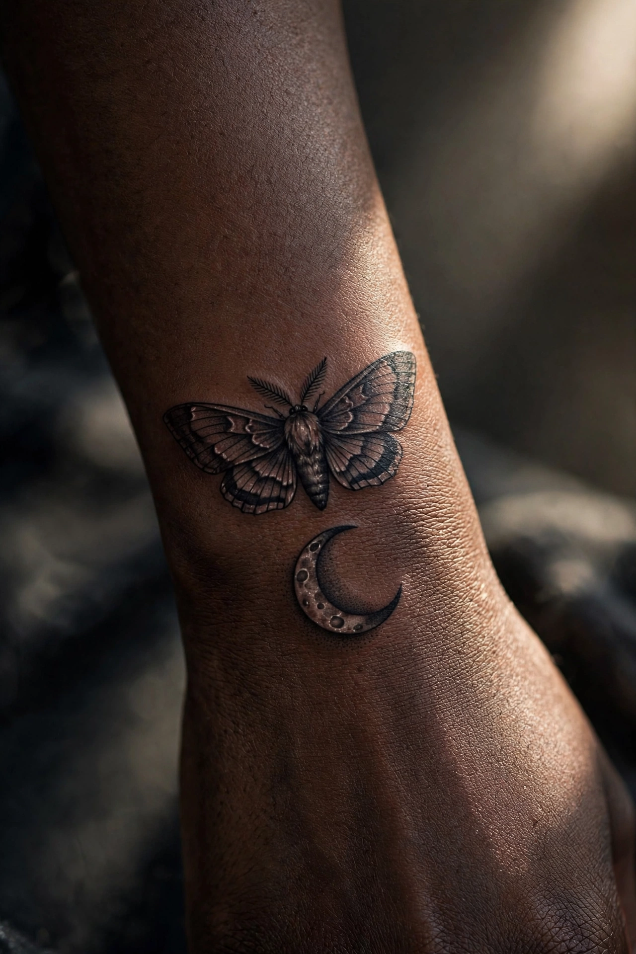 Death's-head moth with crescent moon tattoo