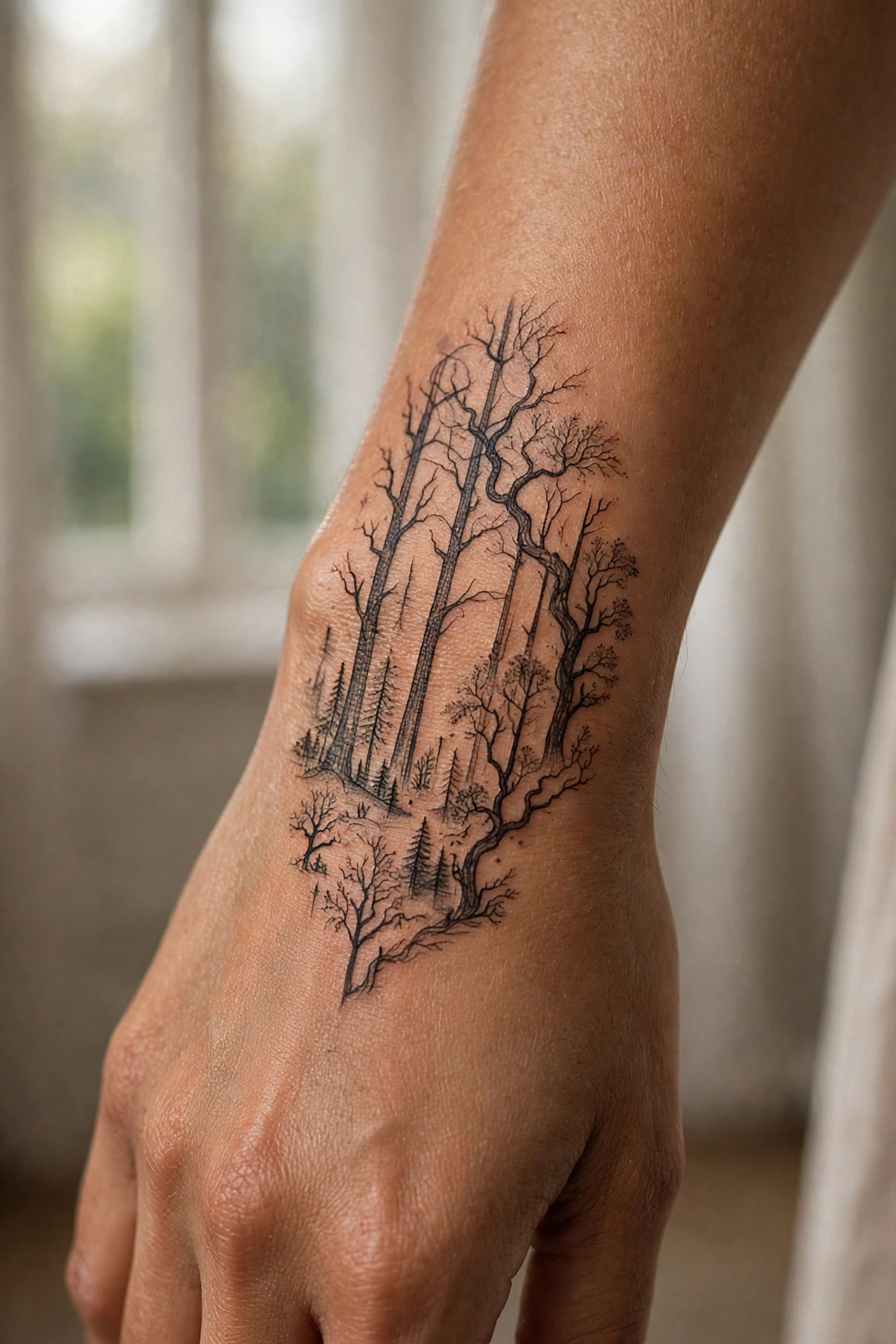 Spooky bare haunted forest trees tattoo sleeve