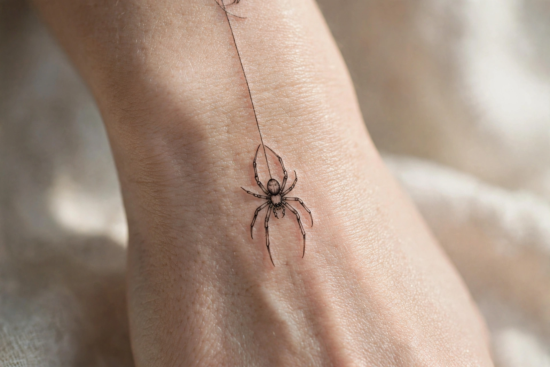 Spider dangling from web thread tattoo