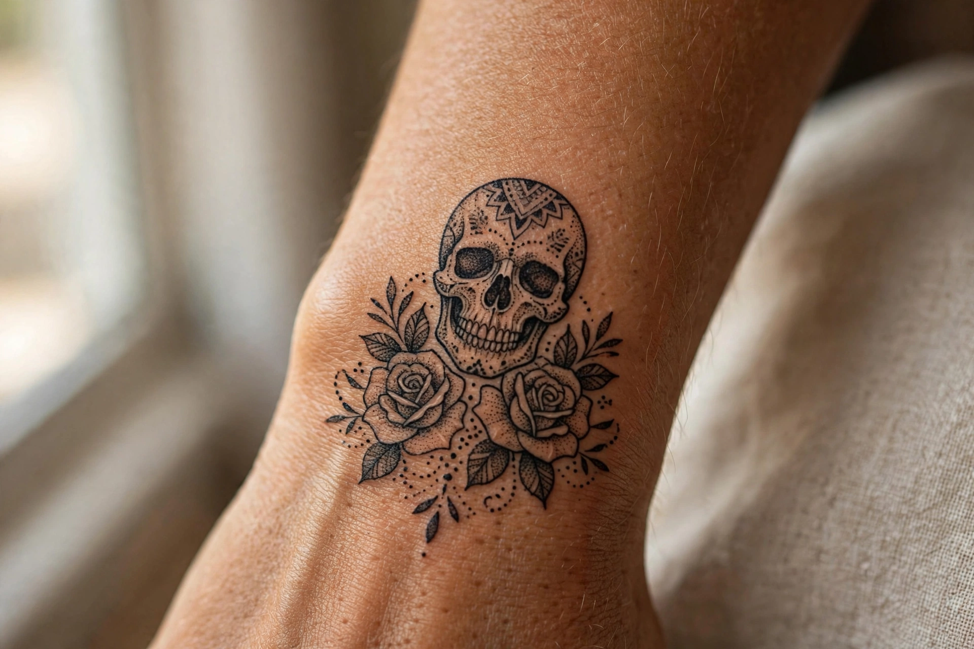Skull entwined with roses tattoo traditional