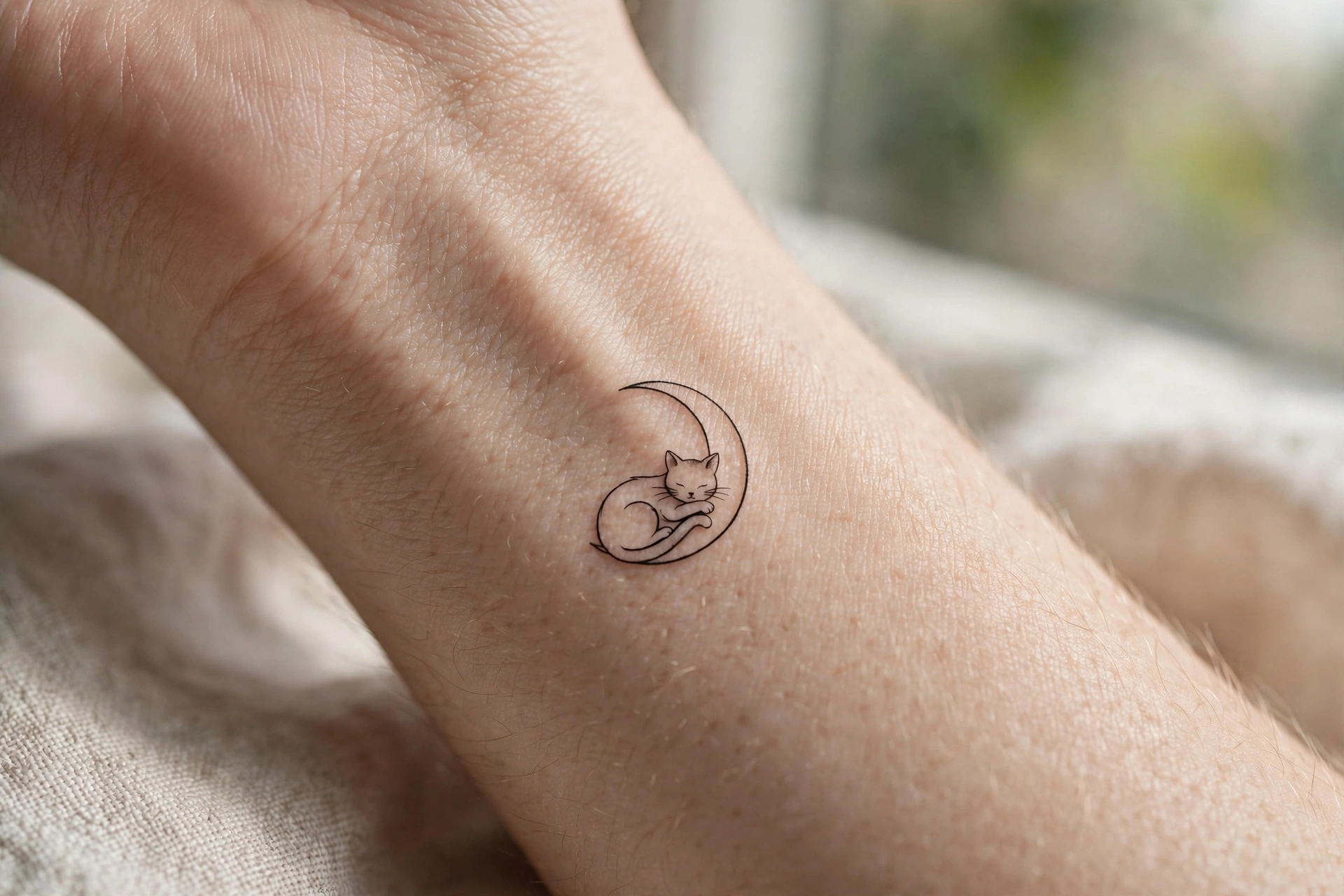 Black cat sitting on crescent moon tattoo