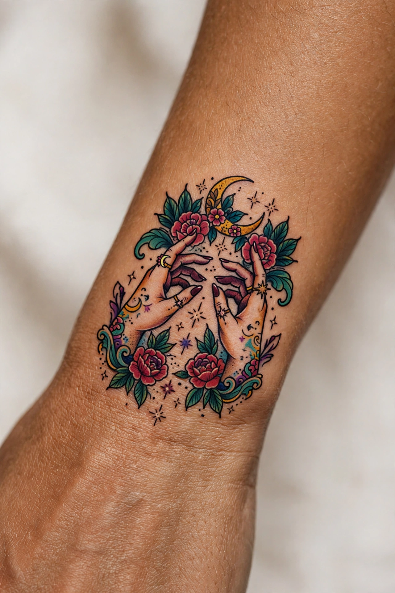 Witchy hands with long nails and rings tattoo