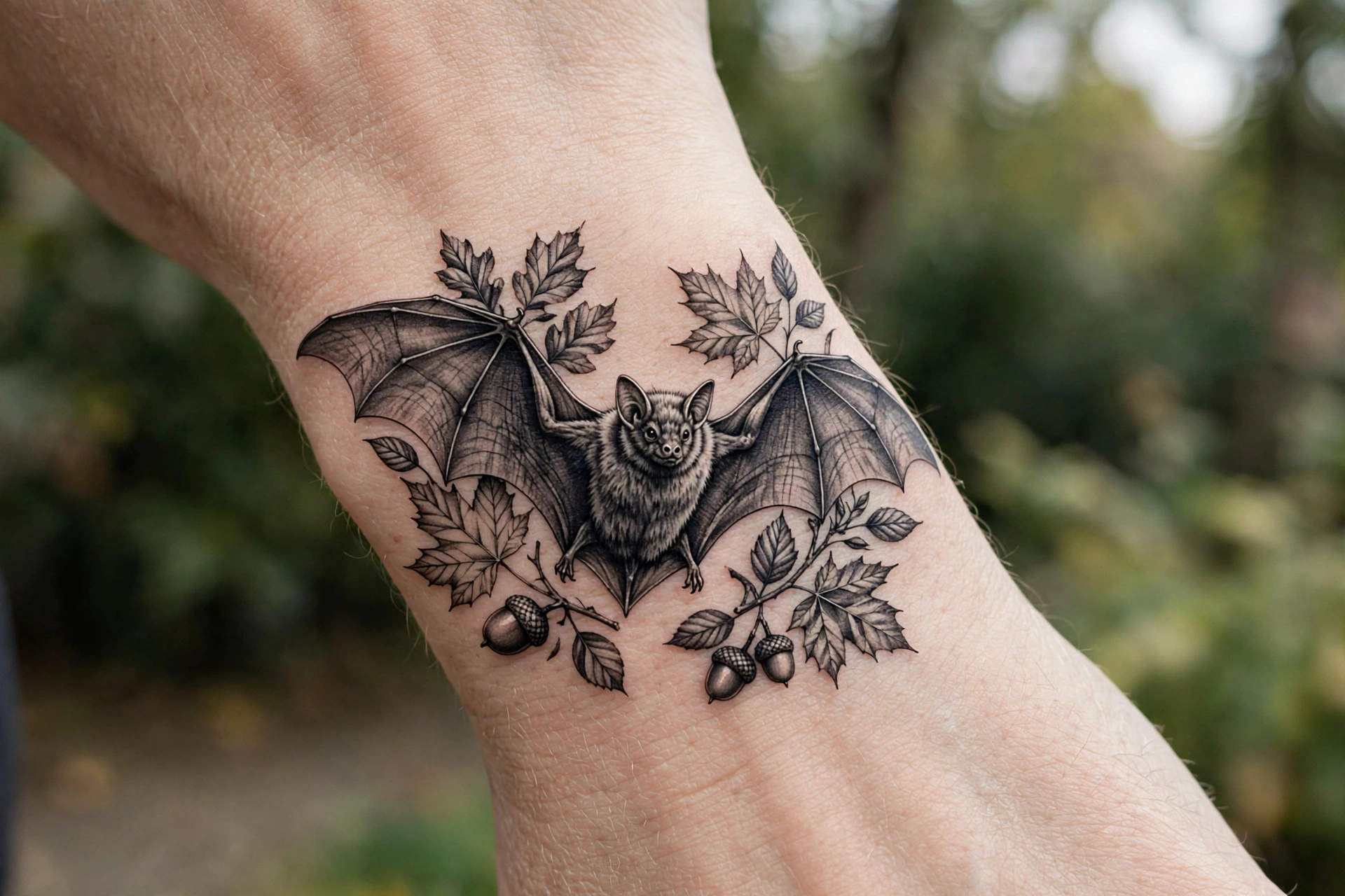 Bat with autumn leaves tattoo seasonal design