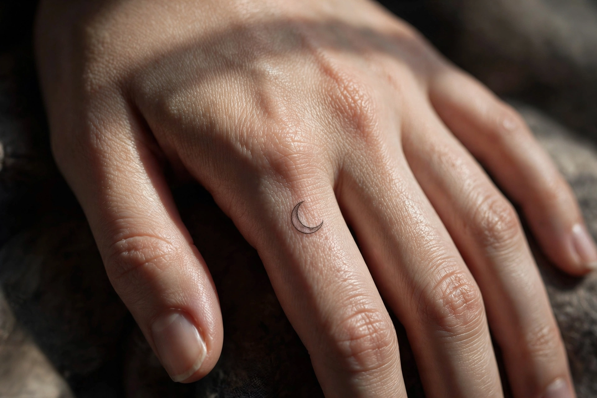 Thin ornamental ring band tattoo around a woman's finger