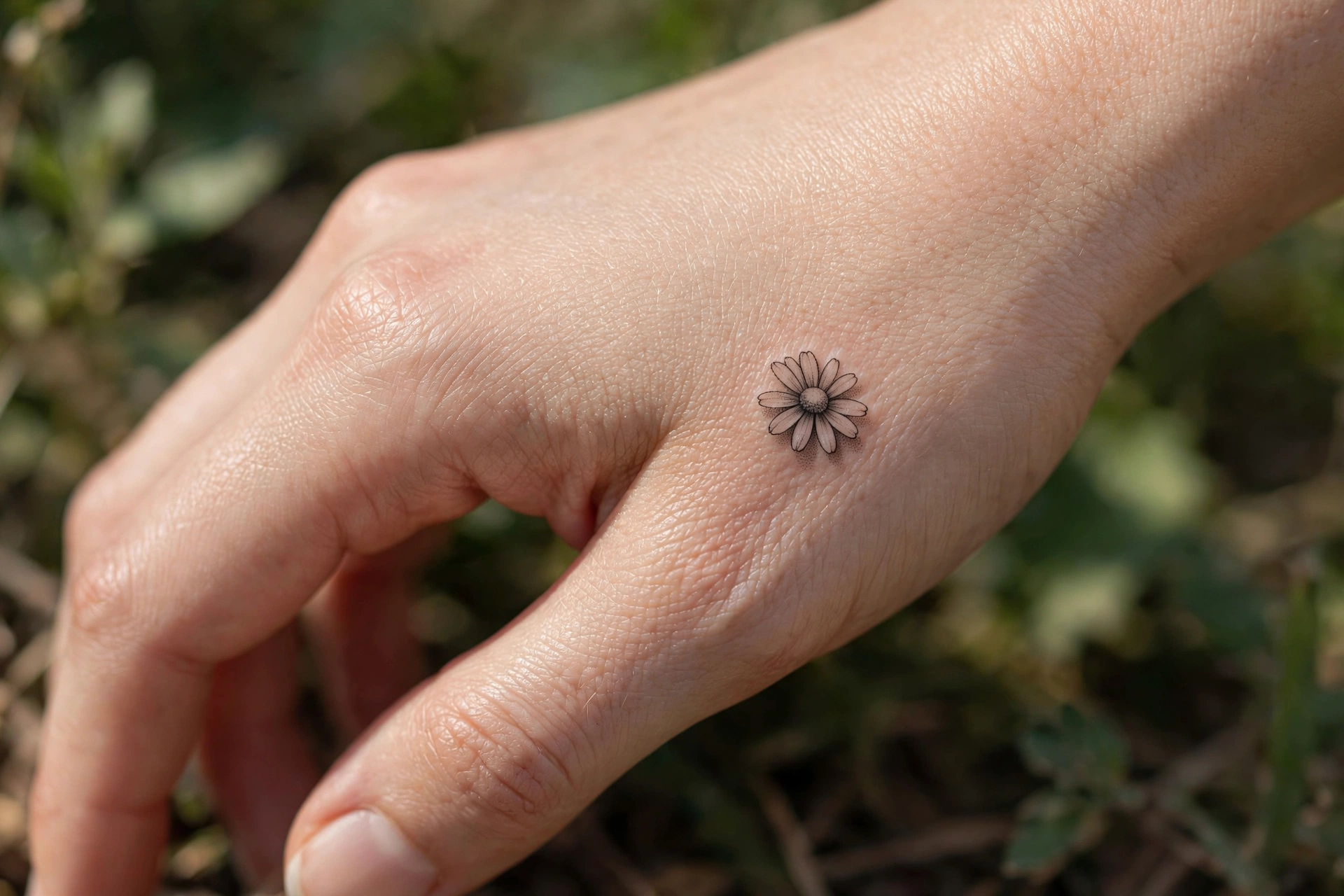 Small four-pointed star tattoo on a woman's knuckle