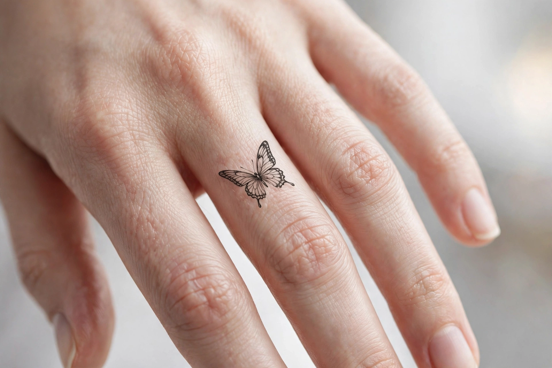 Dotwork gradient band tattoo around a woman's finger