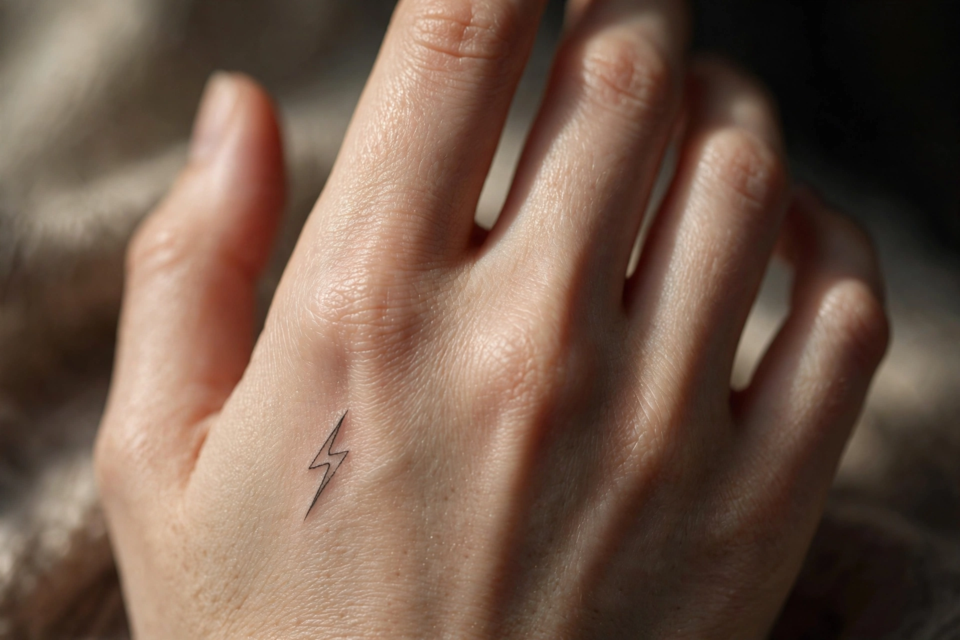 Tiny ocean wave tattoo on the side of a woman's finger