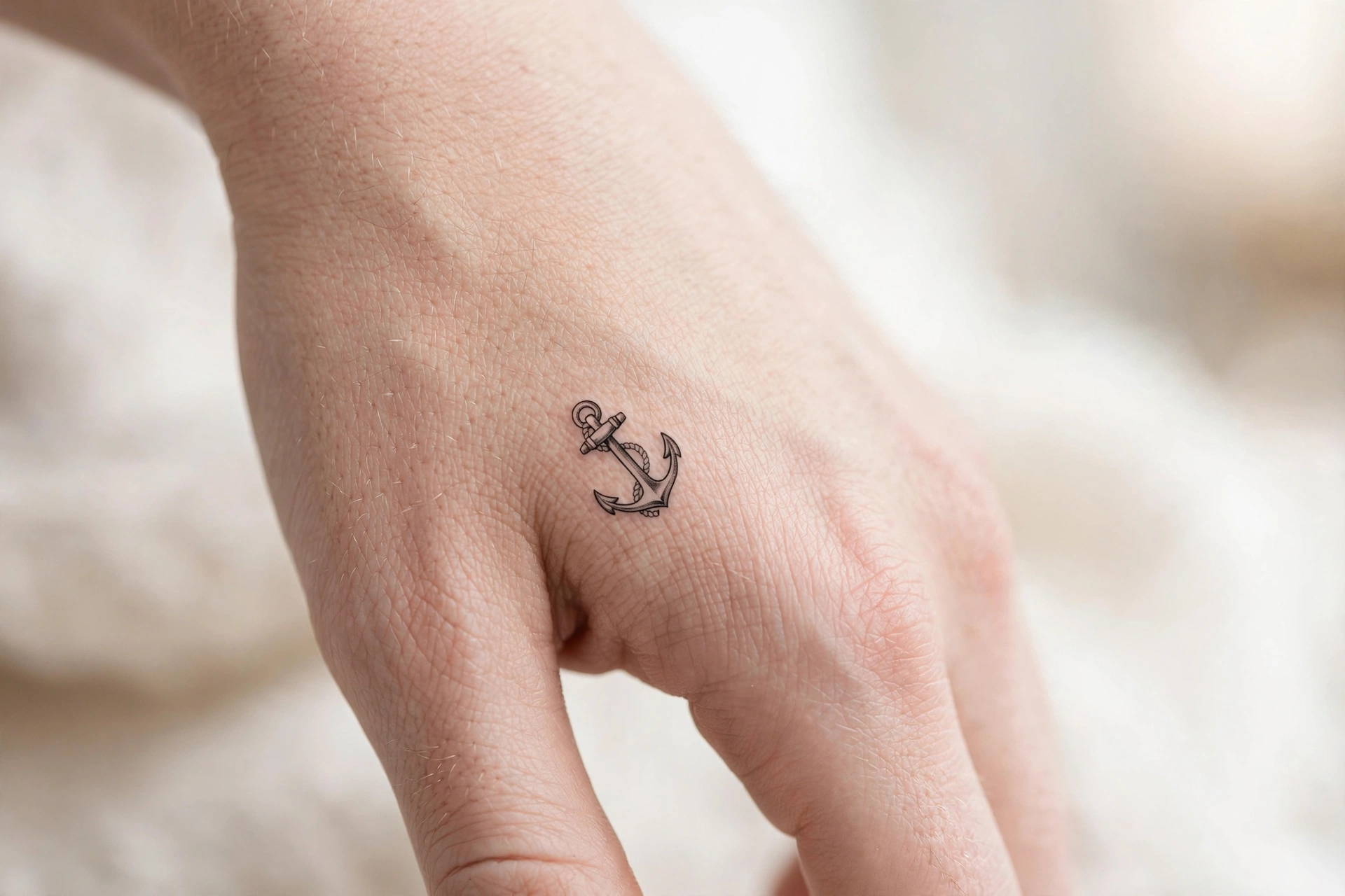 Tiny diamond gemstone tattoo on a woman's finger