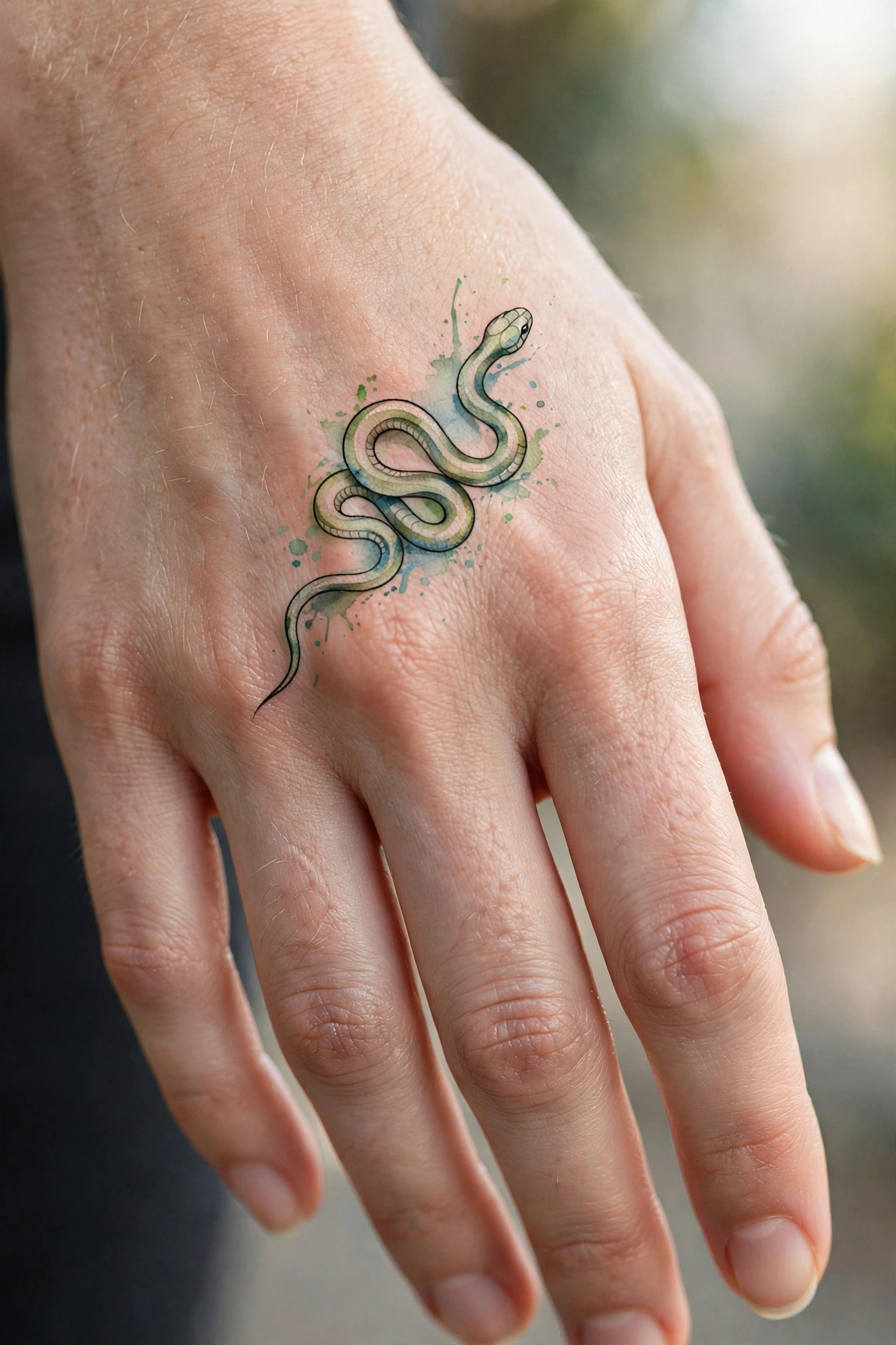 Small single rose tattoo on the back of a woman's hand