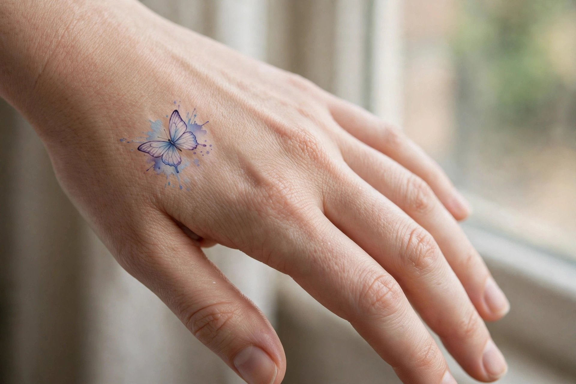 Delicate feather tattoo along the side of a woman's hand