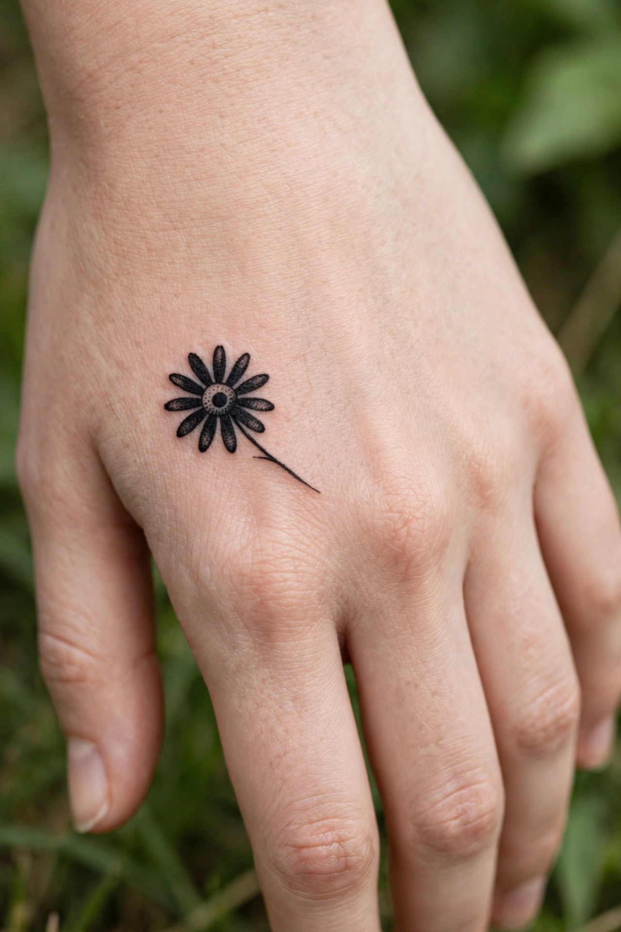 Tiny ladybug tattoo with dotted wings on a woman's knuckle