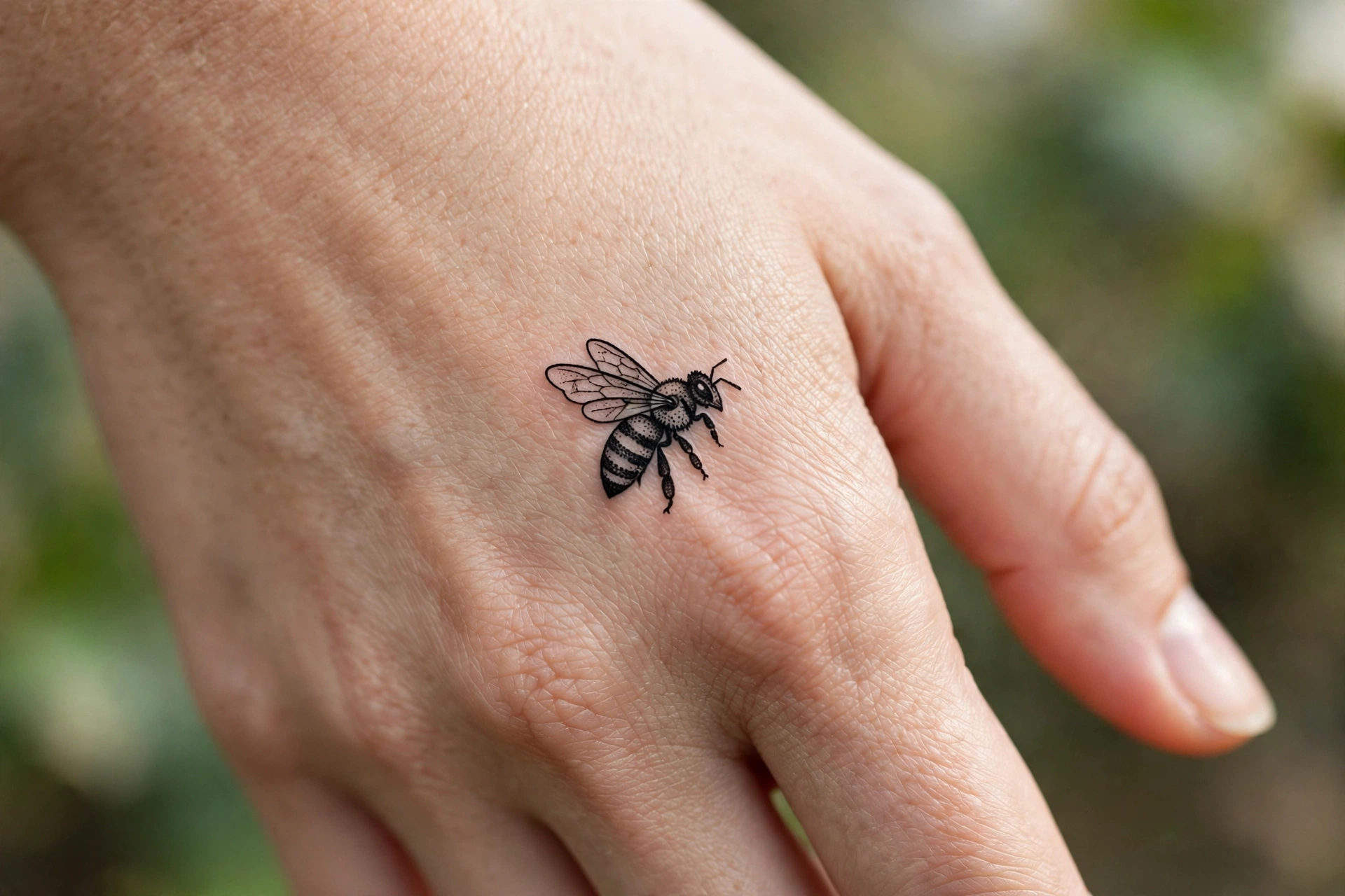 Detailed tiny moth tattoo on the back of a woman's hand