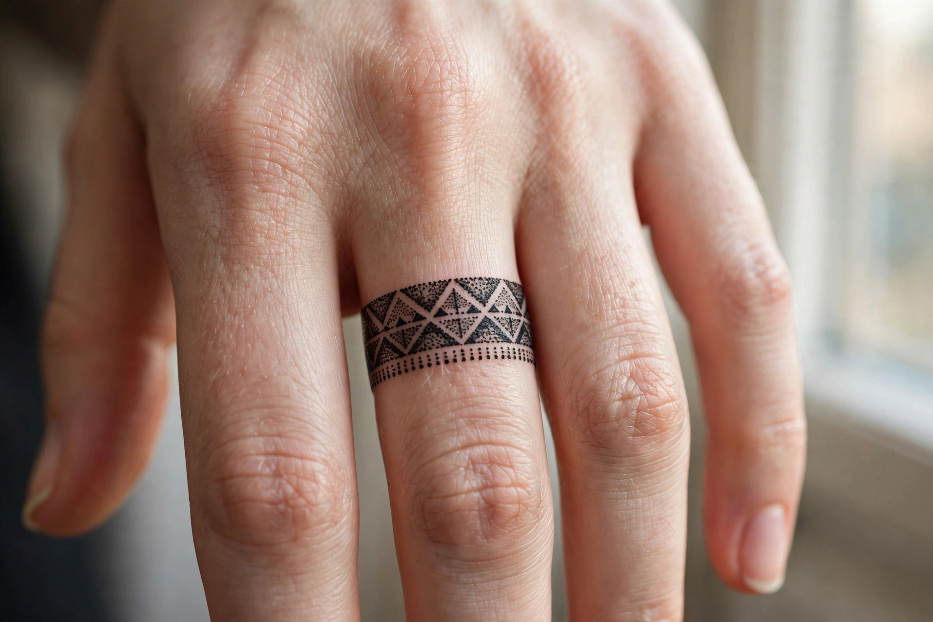 Tiny snake tattoo slithering along the side of a woman's finger