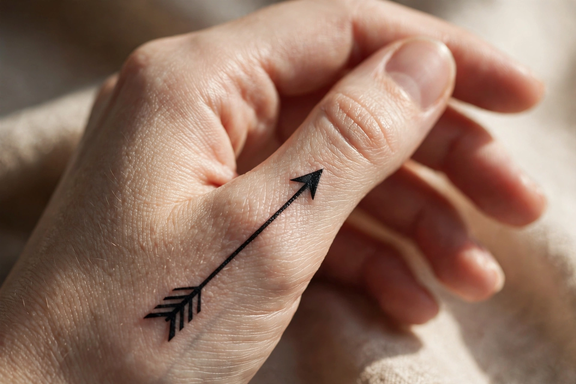 Tiny orange citrus slice tattoo on a woman's knuckle