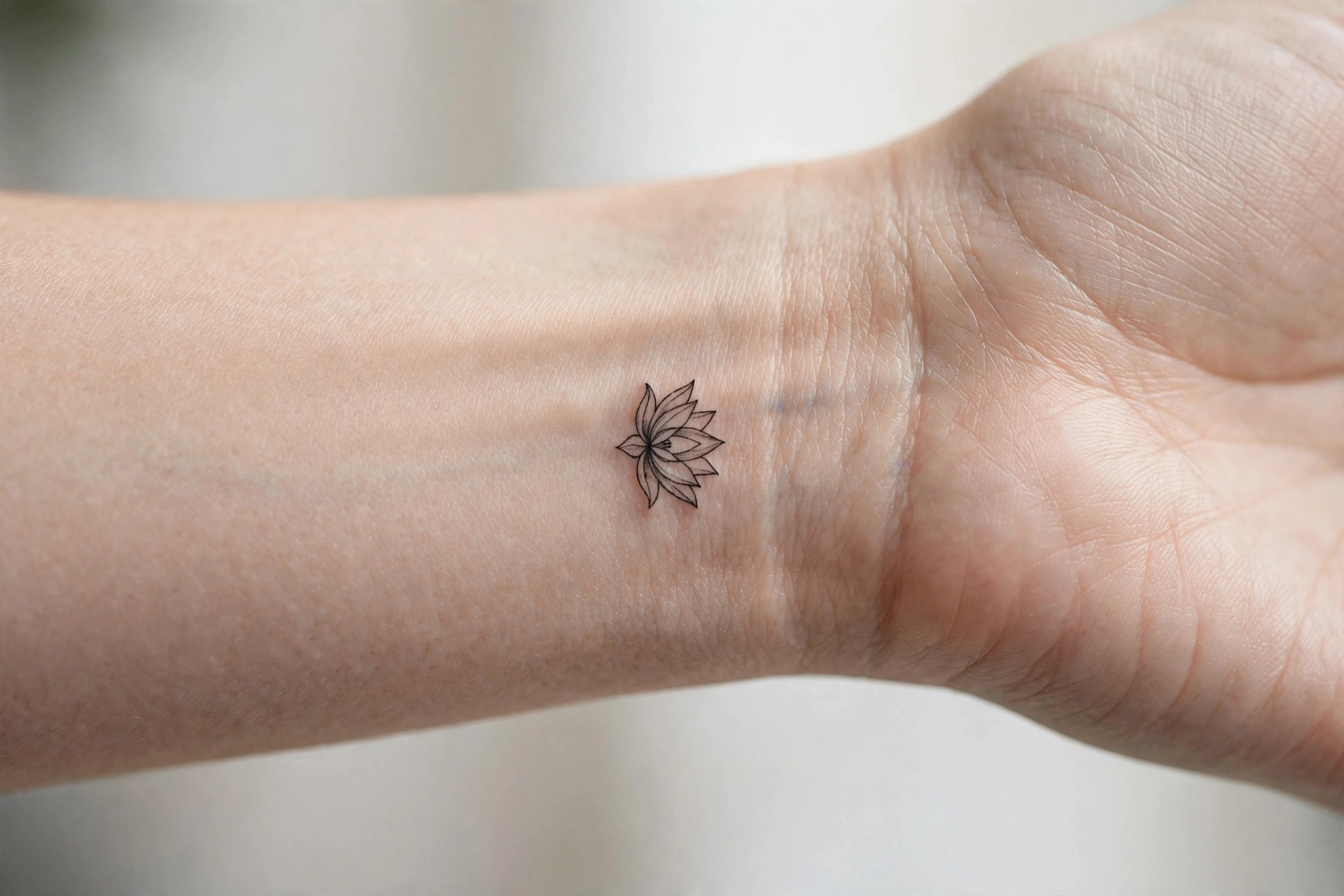 Small fine-line lotus flower tattoo on the inner wrist