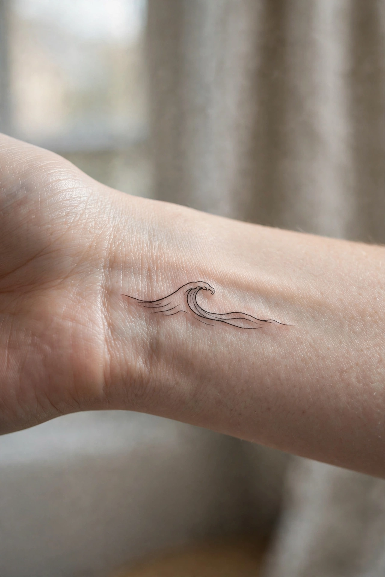 Single fine-line ocean wave tattoo on the inner wrist