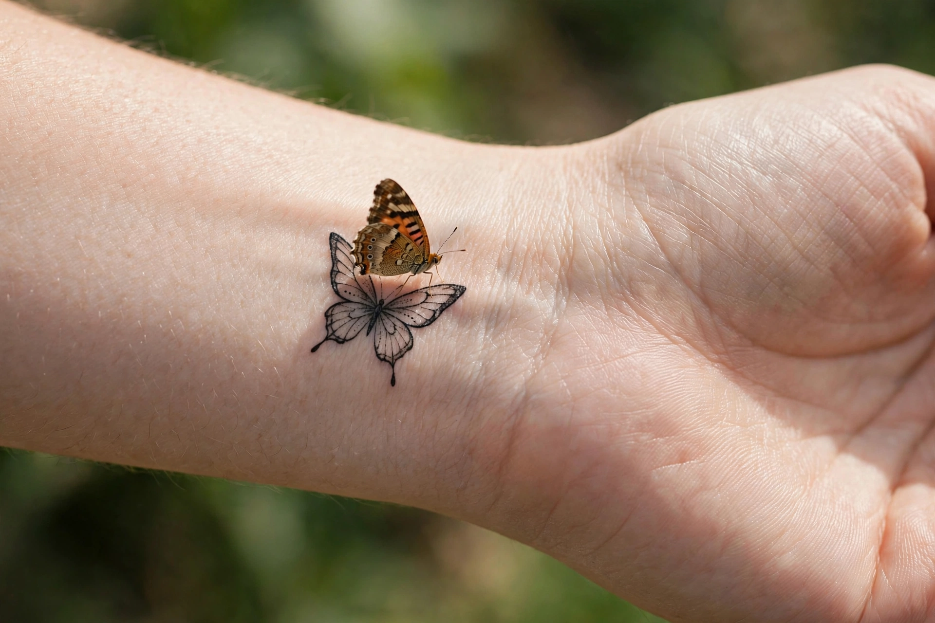Small realistic butterfly tattoo resting on the inner wrist