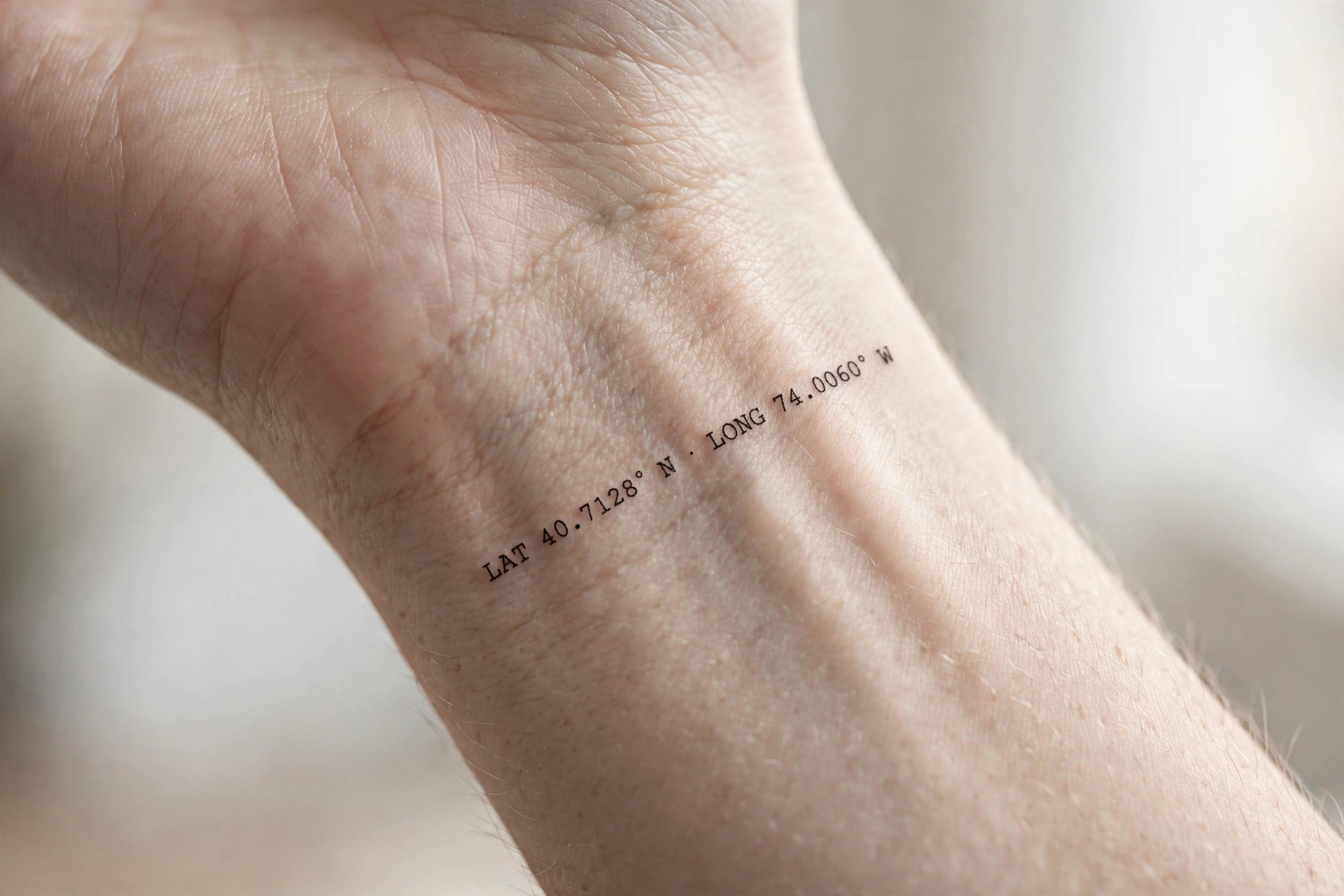 Latitude and longitude coordinates tattoo in typewriter font on inner wrist