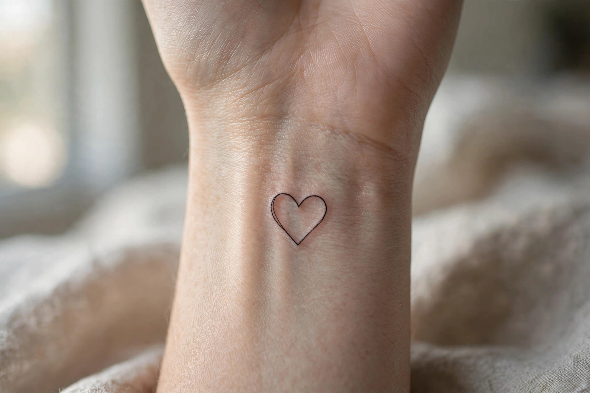 Minimalist heart outline tattoo on the inner wrist