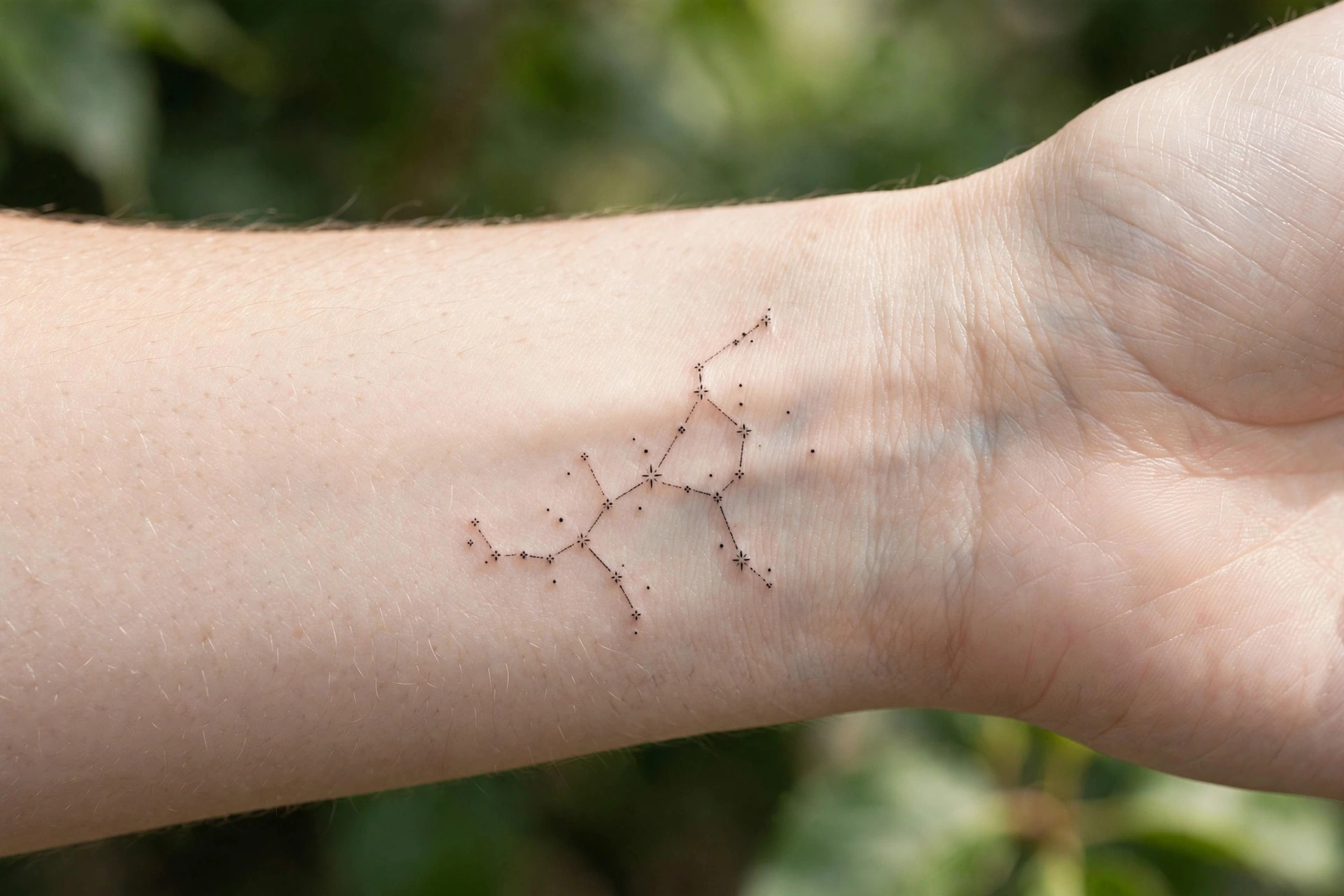 Zodiac constellation of tiny stars tattooed on the inner wrist