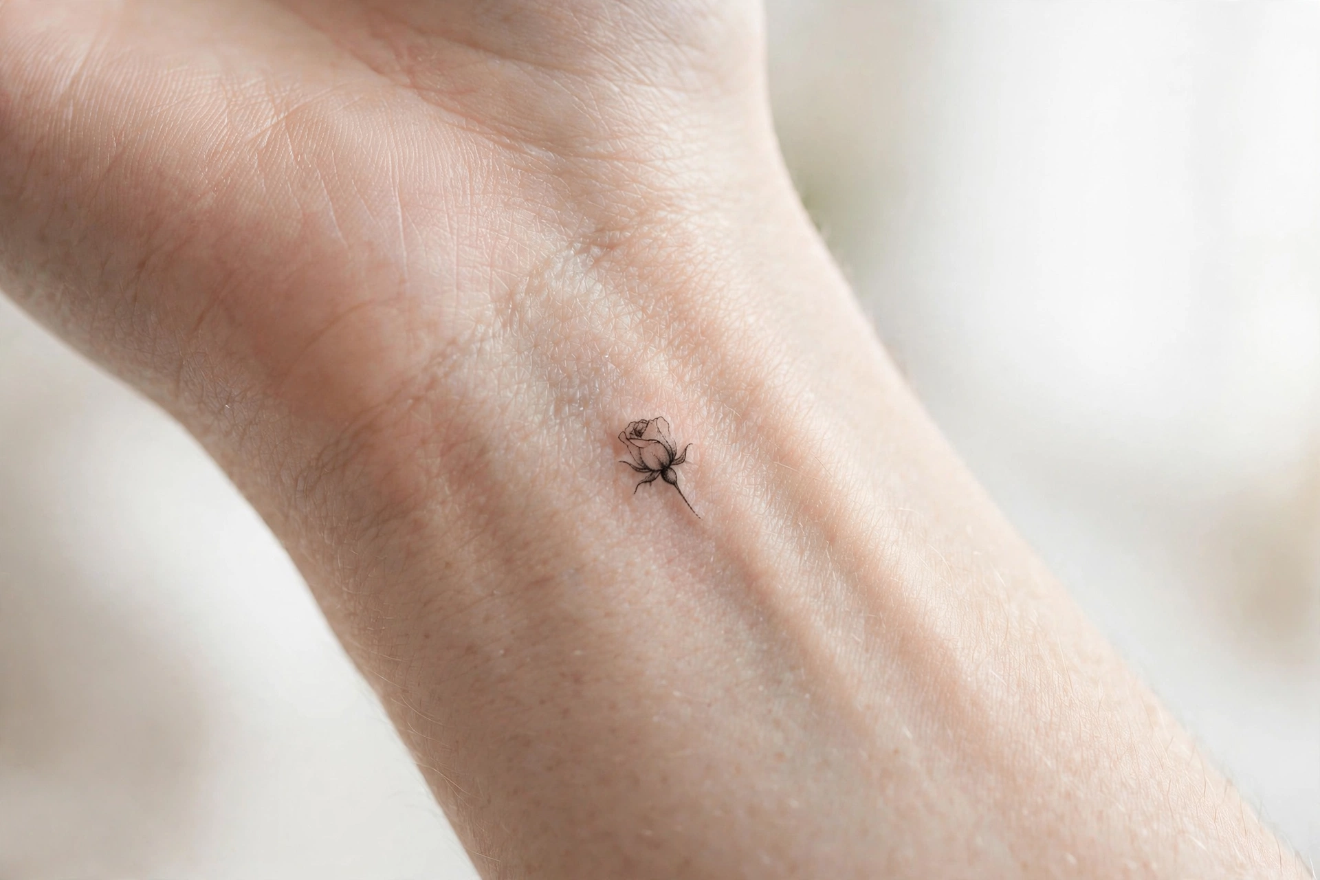 Fine-line single rosebud tattoo on the inner wrist